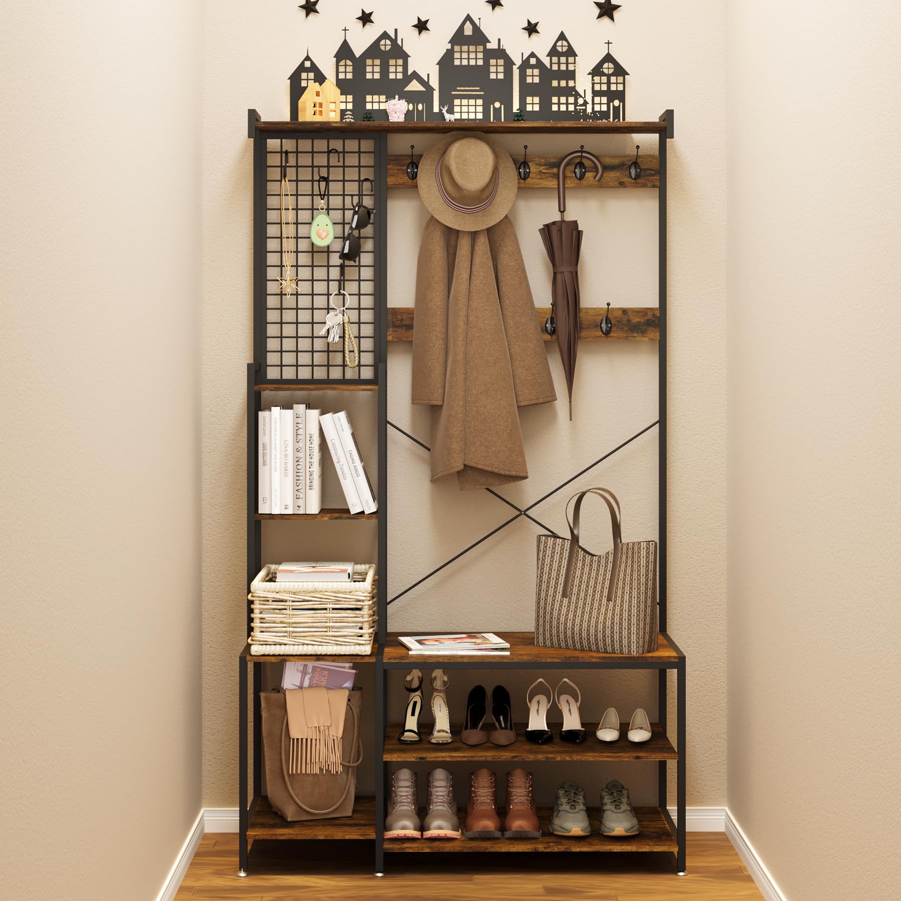 AMBIRD Entryway Hall Tree with Shoe Storage Bench - Coat Rack with 9 Hooks, Metal Grid Panel & Shelves - Rustic Brown & Ink Black (41