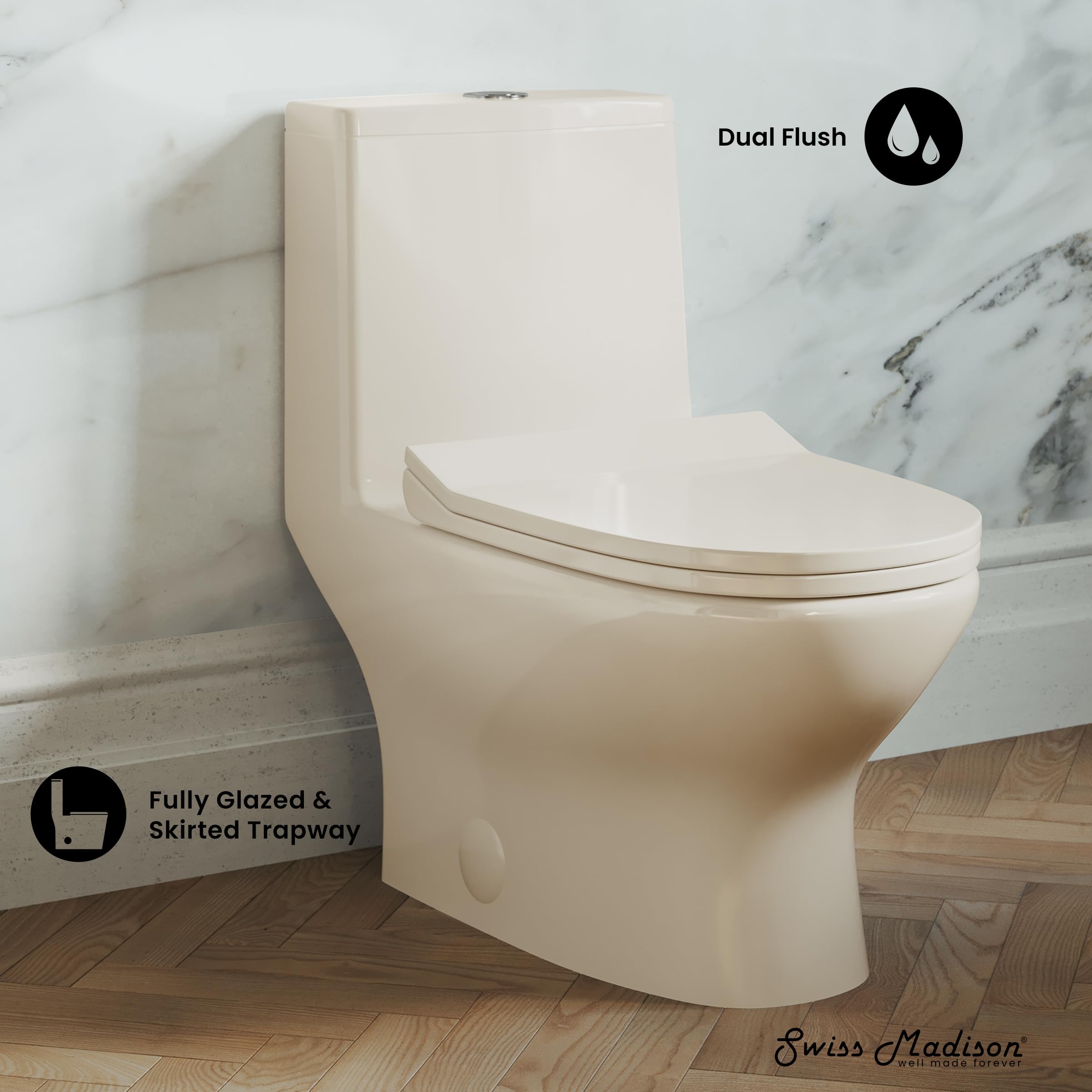 Swiss Madison Ivy One Piece Toilet with Dual Vortex Flush 1.1/1.6 GPF - Water Efficient Bathroom Toilet in Bisque for Modern Homes & Commercial Spaces
