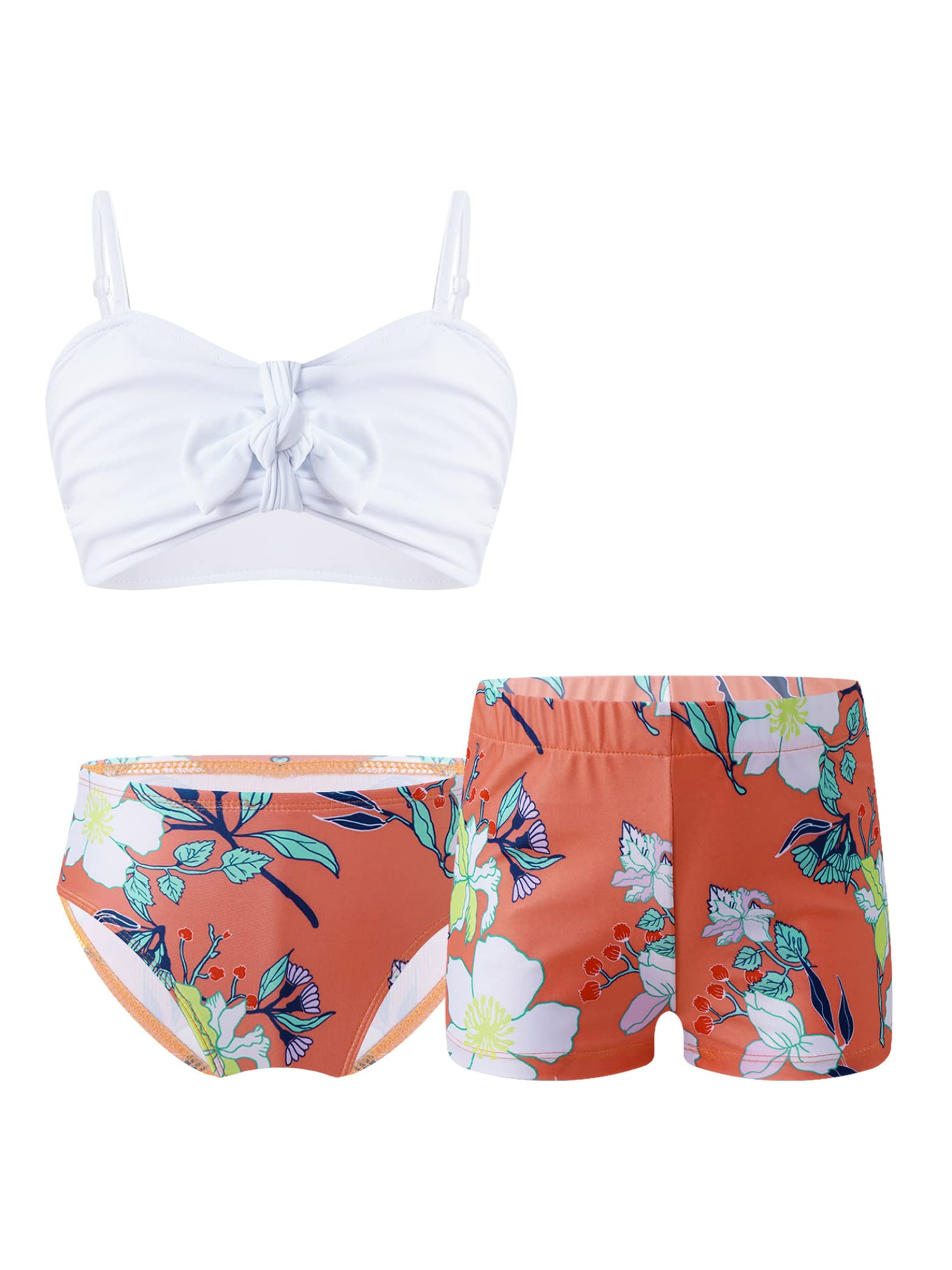 Girls 3-Piece Floral Print Tankini Swimsuits with Boyshorts - Orange Bikini Bathing Suit for 8 Year Olds | Beach, Pool & Summer Water Activities
