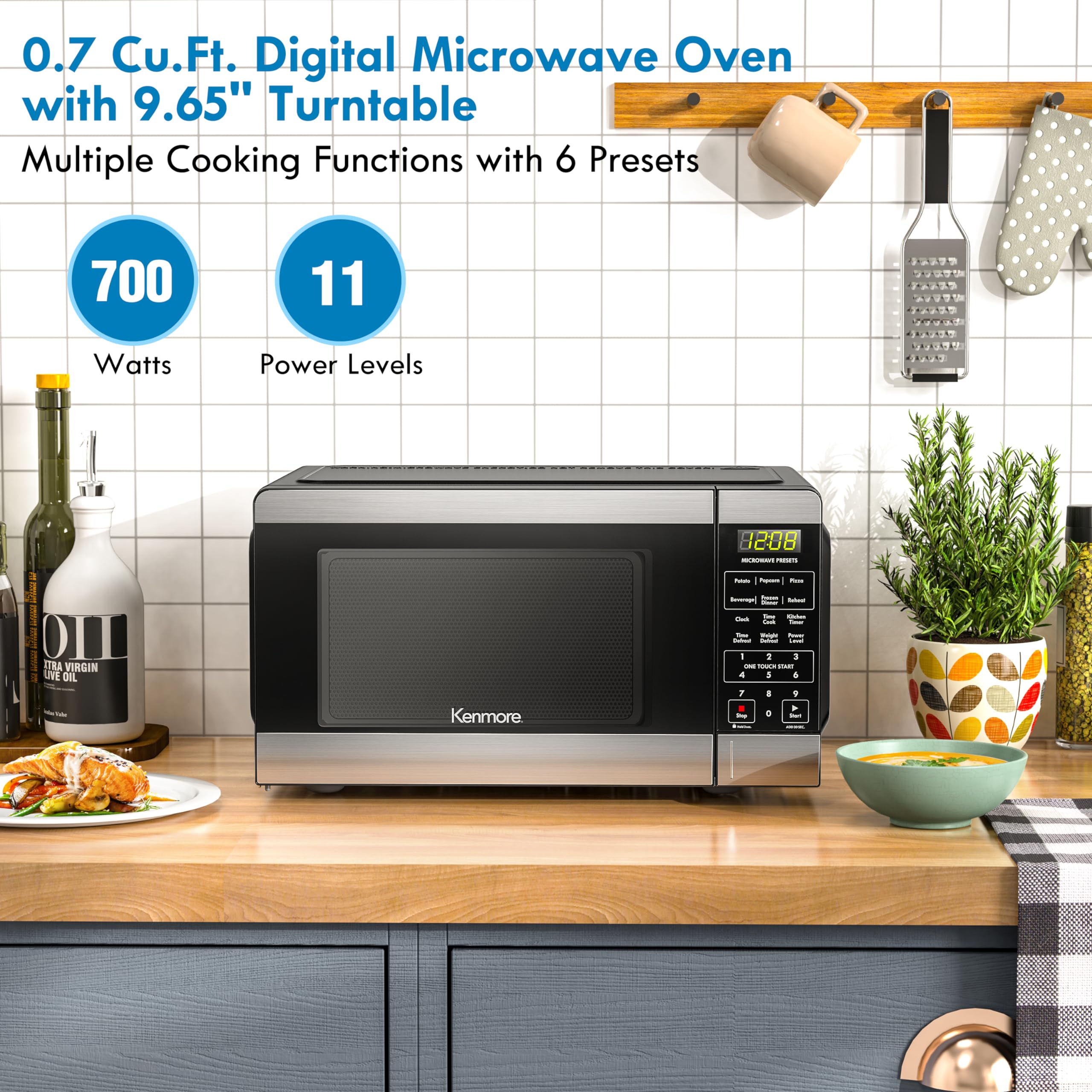 Kenmore KMCMV207S2-07 0.7 Cu Ft Stainless Steel Countertop Microwave with 6 Auto-Preset Menus, Child Lock, Defrost & Express Cooking - Perfect for Small Kitchens, Dorms & Office Break Rooms