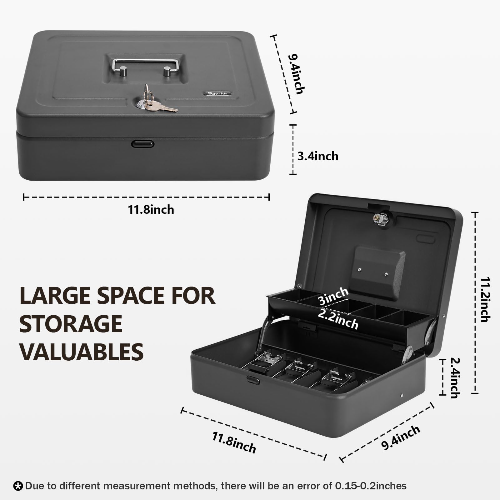 Durable Metal Cash Box with Lock & Key - 4 Bill & 5 Coin Slots, Cantilever Design - Secure Money Storage for Retail, Home & Office Use