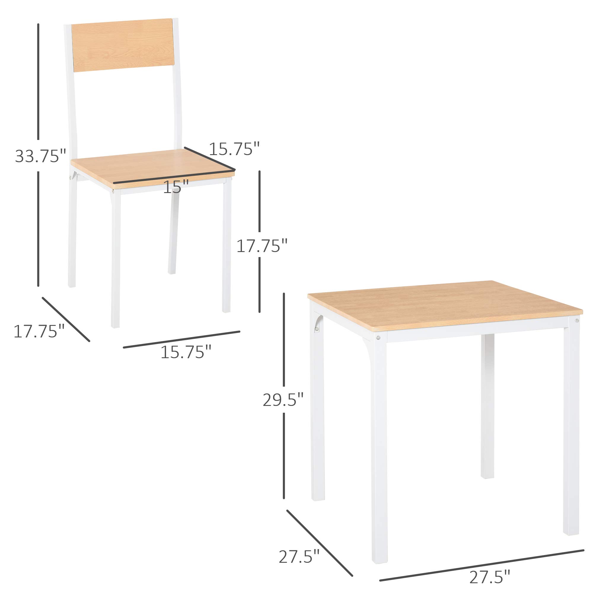 HOMCOM 3-Piece White Wooden Square Dining Table Set with 1 Table & 2 Chairs, Sturdy Metal Frame for Small Spaces - Perfect for Apartments, Breakfast Nooks & Cozy Kitchens