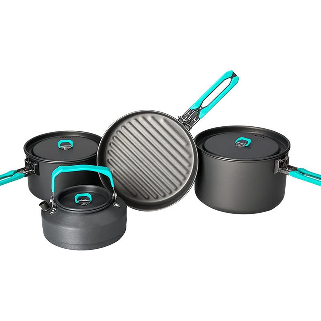 Lightweight Aluminum Camping Cookware Set - 2 Pots, 1 Frying Pan & 1 Kettle - Portable Outdoor Cooking Kit for Backpacking, Hiking, Picnics and RV Trips | Durable Foldable Camp Stove Accessories