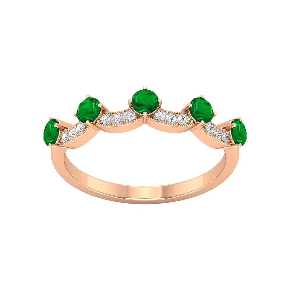 3/4 CT Round Cut Natural Green Emerald and Diamond Stackable Ring for Women - 14K Solid Gold Wave Curved Ring - Perfect for Weddings, Anniversaries, and Everyday Elegant Jewelry