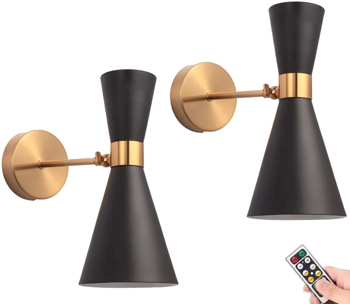 Modern Black Wall Sconce Set of 2 - Battery Operated LED Wall Lights with Remote Control, Wireless Wall Lamp Fixtures for Bedroom, Living Room, Hallway Decor | Perfect for Reading, Accent Lighting & Wall Decor