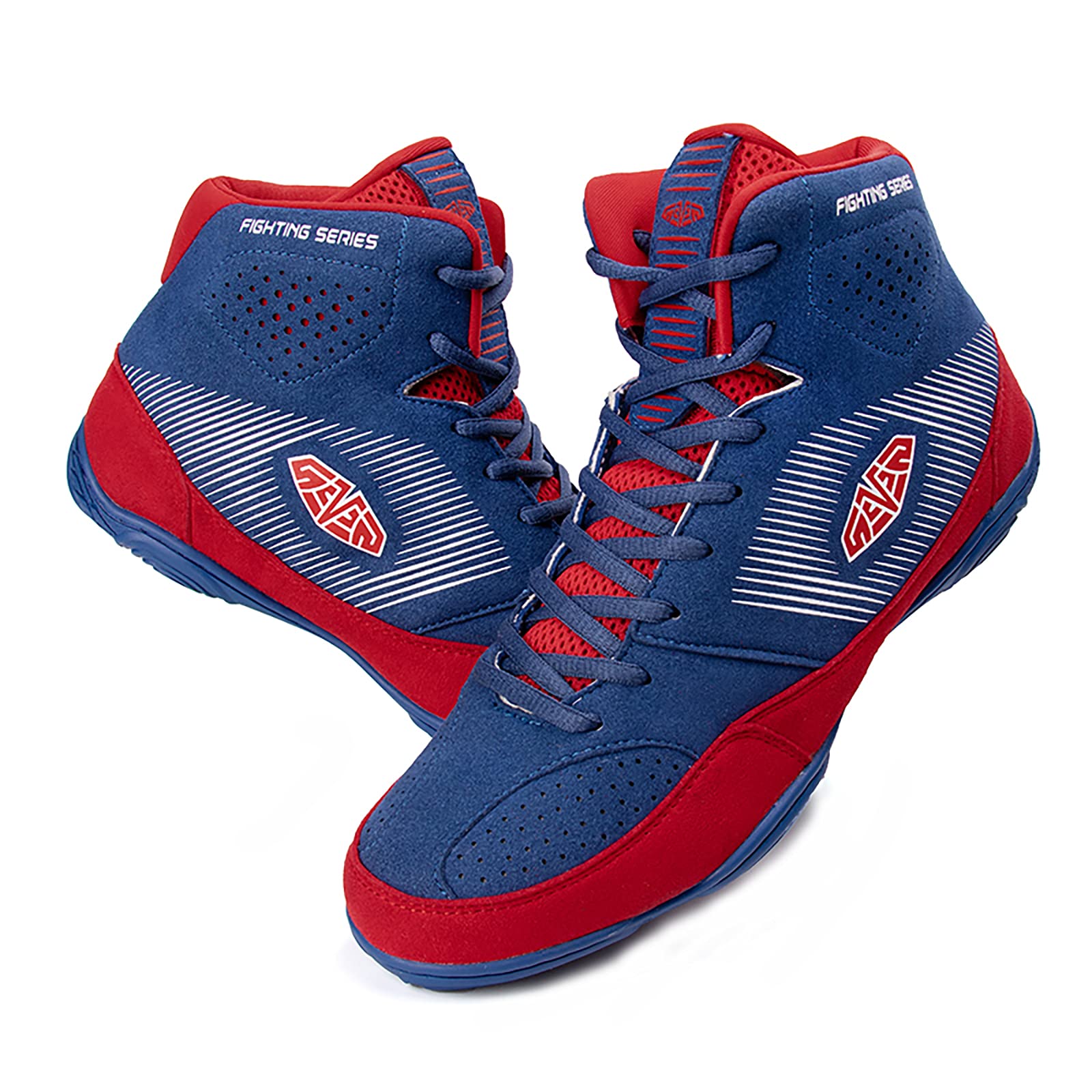 Professional High Grip Men's Wrestling & Boxing Shoes - Breathable Non-Slip Sports Training Shoes for Weightlifting, Squats & Gym Workouts - Blue/Red - Ideal for MMA, CrossFit & Combat Training