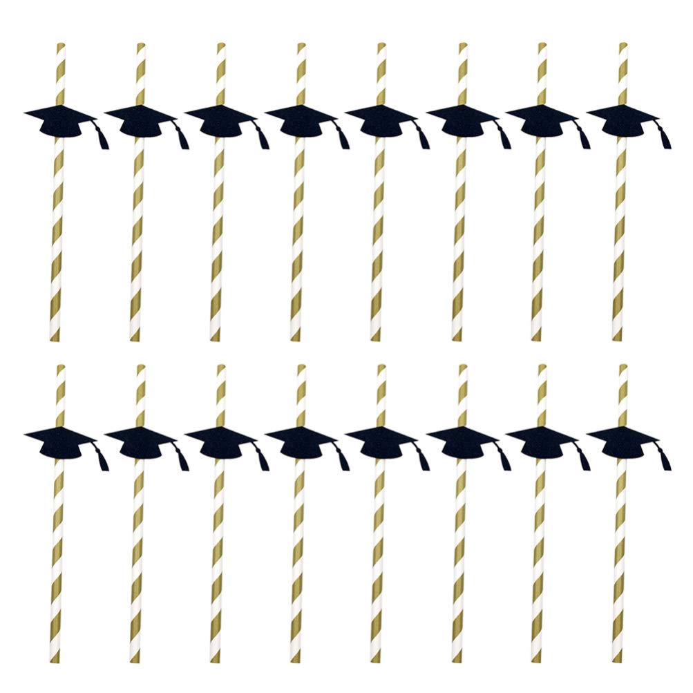 Graduation Cap Paper Straws 16pcs - Disposable Striped Drinking Straws for Coffee, Milkshakes & Cocktails - Perfect for Graduation Parties, Celebrations & School Events