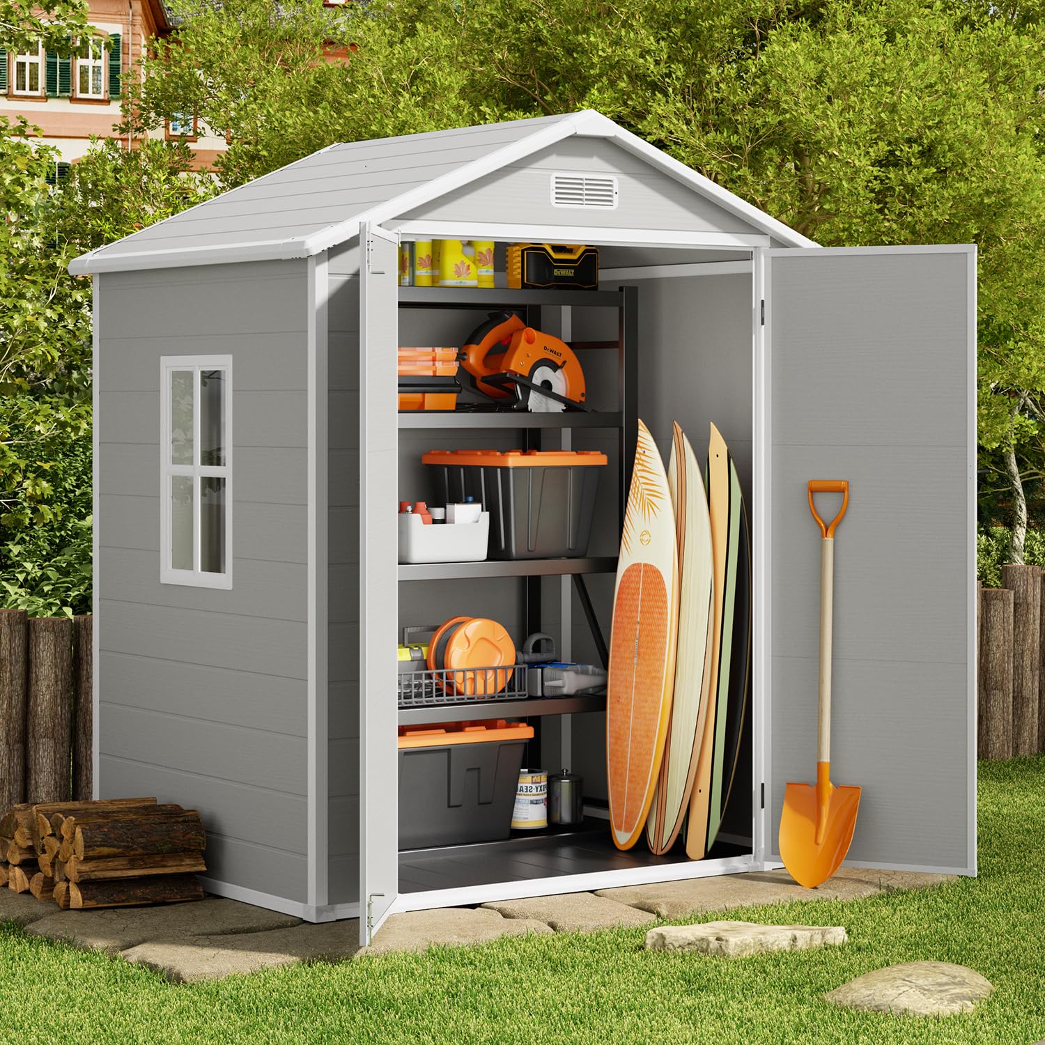Gizoon 6x4 FT Outdoor Storage Shed - Durable Resin Garden Shed with Lockable Door & Floor - Perfect for Patio, Backyard, Lawn & Pool Storage (Gray) - Ideal for Storing Tools, Pool Supplies & Seasonal Items