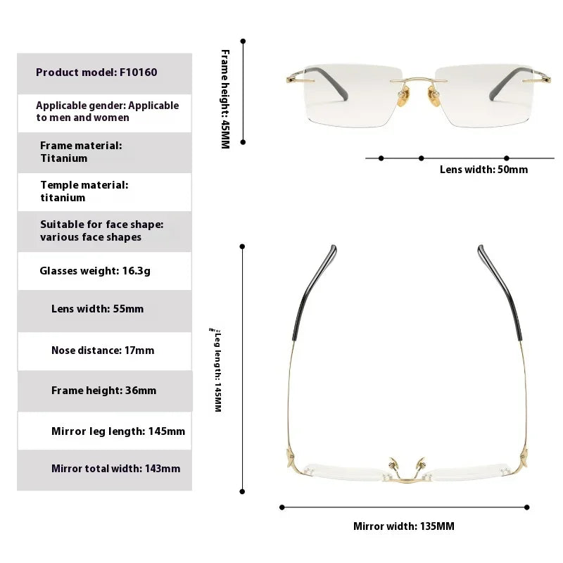 Aror Unisex Rimless Square Polygon Titanium Eyeglasses 10160 - Lightweight Durable Frame for Reading, Work & Fashion - Trendy Modern Glasses for Men & Women