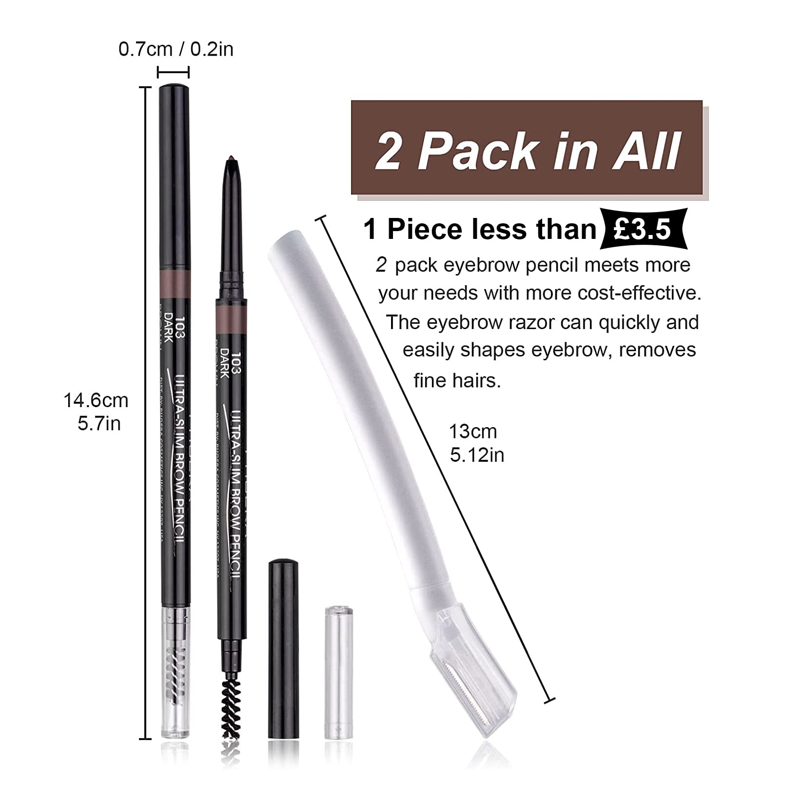 2 Packs Ultra Slim Eyebrow Pencil - Waterproof Micro Brow Definer with Eyebrow Razors, Long-Lasting & Precise Fine Tip for Perfect Brows (Dark Brown) - Ideal for Daily Makeup, Travel & On-The-Go Touch Ups