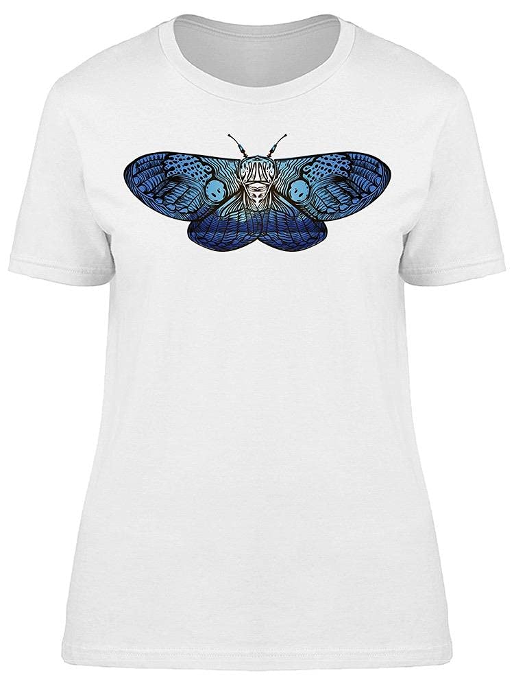 Blue Butterfly Moth Sketch T-Shirt for Women - Soft Cotton Graphic Tee - Casual Summer Top for Outdoors, Travel & Streetwear Fashion