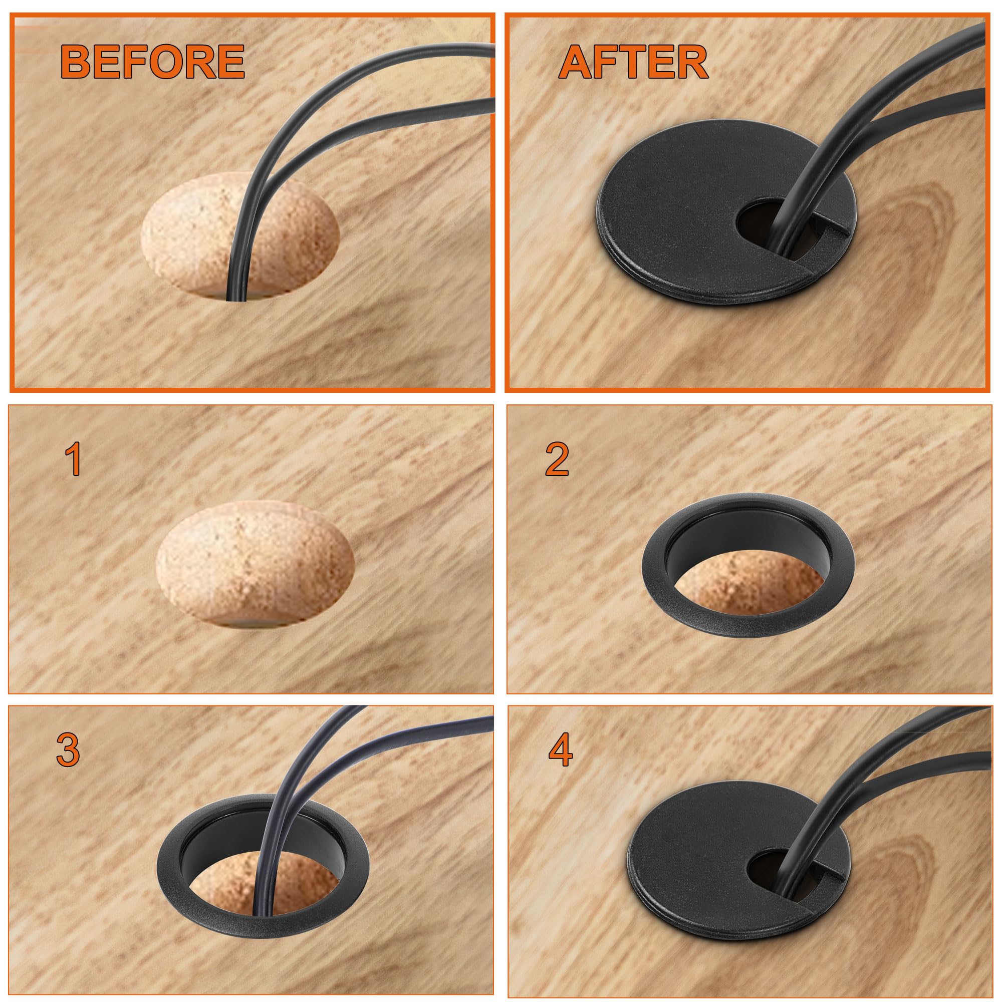 uxcell 4 Pack Black Desk Grommet Cable Hole Cover - 35mm/1.4 Inch PC Computer Table Wire Organizer for Office & Home Workspace Cable Management