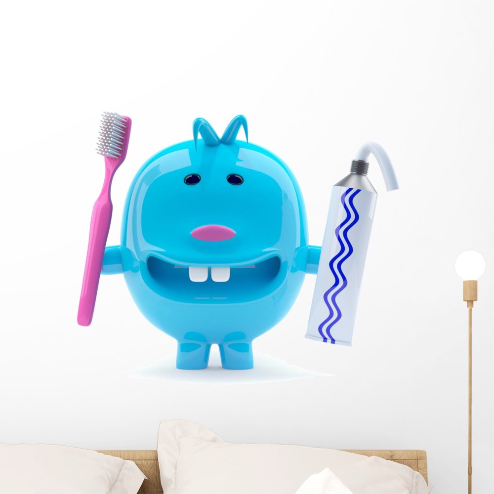 Little Alien Brushes Teeth Wall Decal - Peel and Stick Removable Wall Sticker (24x24 Inches) - Fun Kids Room Decor, Bathroom Art, Nursery Wall Art for Boys & Girls