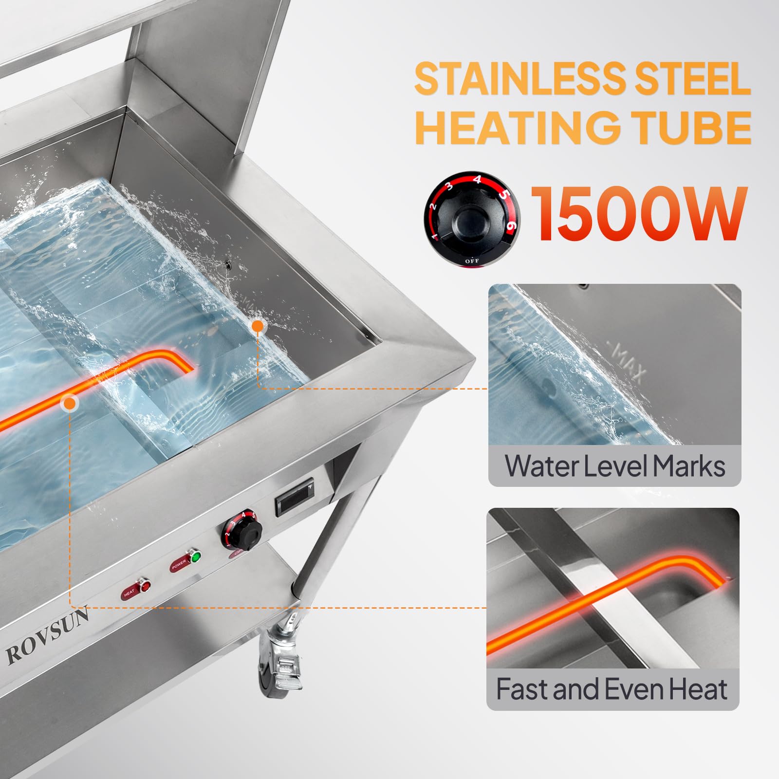 ROVSUN 72QT 1500W Commercial Electric Food Warmer - 9-Pan Stainless Steel Steam Table with Temperature Control (8QT/Pan) | Bain Marie with Acrylic Shield, Overshelf & Undershelf | Perfect for Buffet Restaurants, Catering Events & Large Gatherings | 110V
