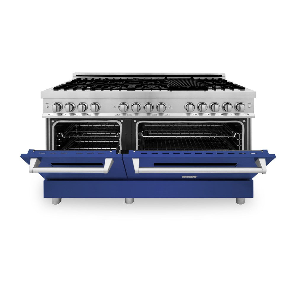 ZLINE 60-Inch 7.4 cu.ft Dual Fuel Range with 9-Burner Gas Cooktop & 2 Electric Convection Ovens - Stainless Steel with Blue Matte Doors (RA BM 60) | Professional Kitchen Appliance for Home Chefs & Cooking Enthusiasts