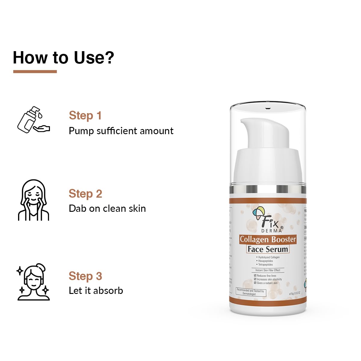 Fixderma Hydrolyzed Collagen Booster Face Serum - Anti-Aging Collagen Serum for Fine Lines & Wrinkles, Men & Women, All Skin Types (15g) | Hydrating & Firming Facial Treatment for Day & Night Skincare Routine