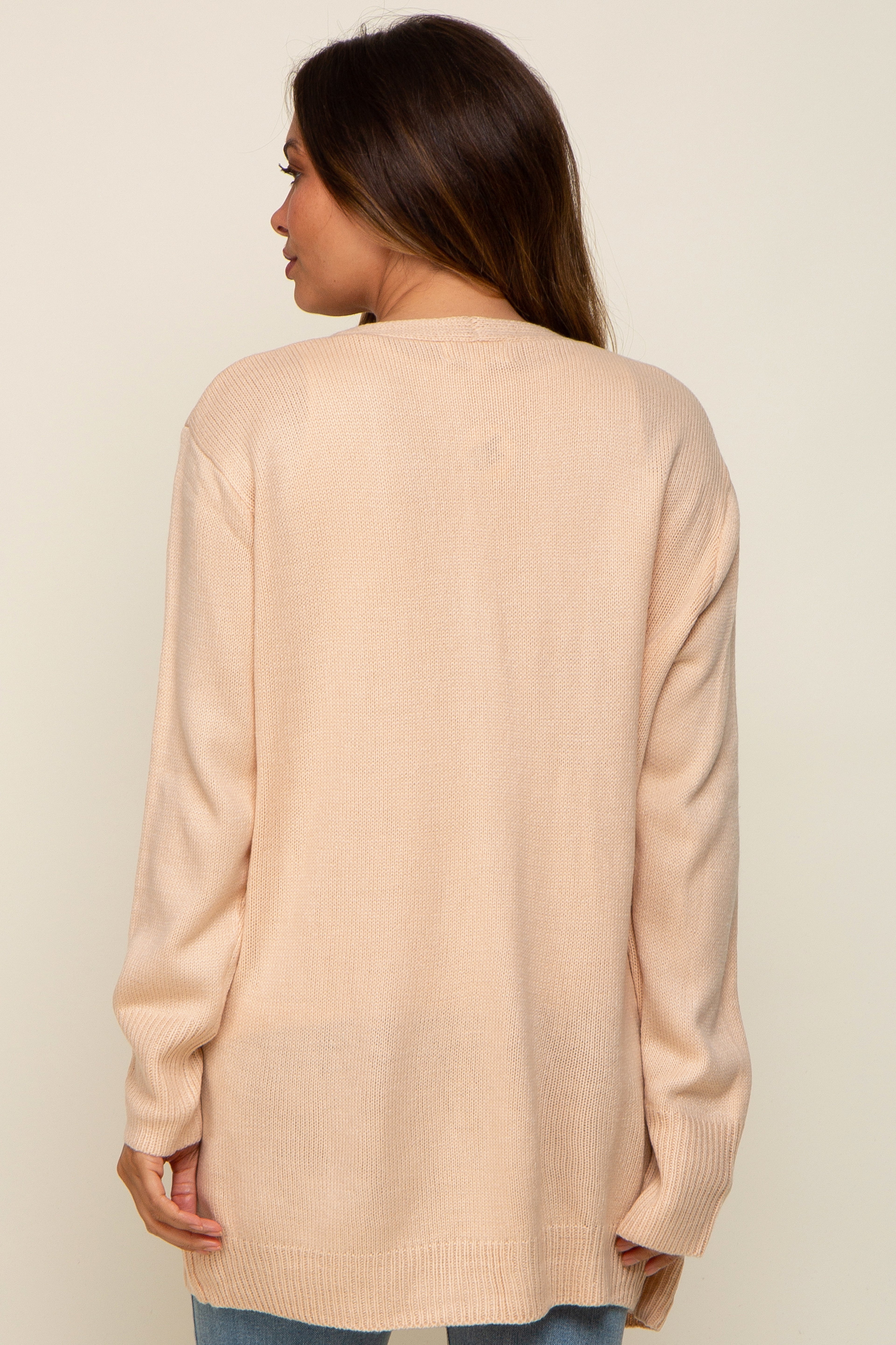 Soft Beige Maternity Cardigan with Front Pockets - Cozy Knit Sweater for Pregnancy & Nursing - Perfect for Casual Wear, Office & Baby Showers