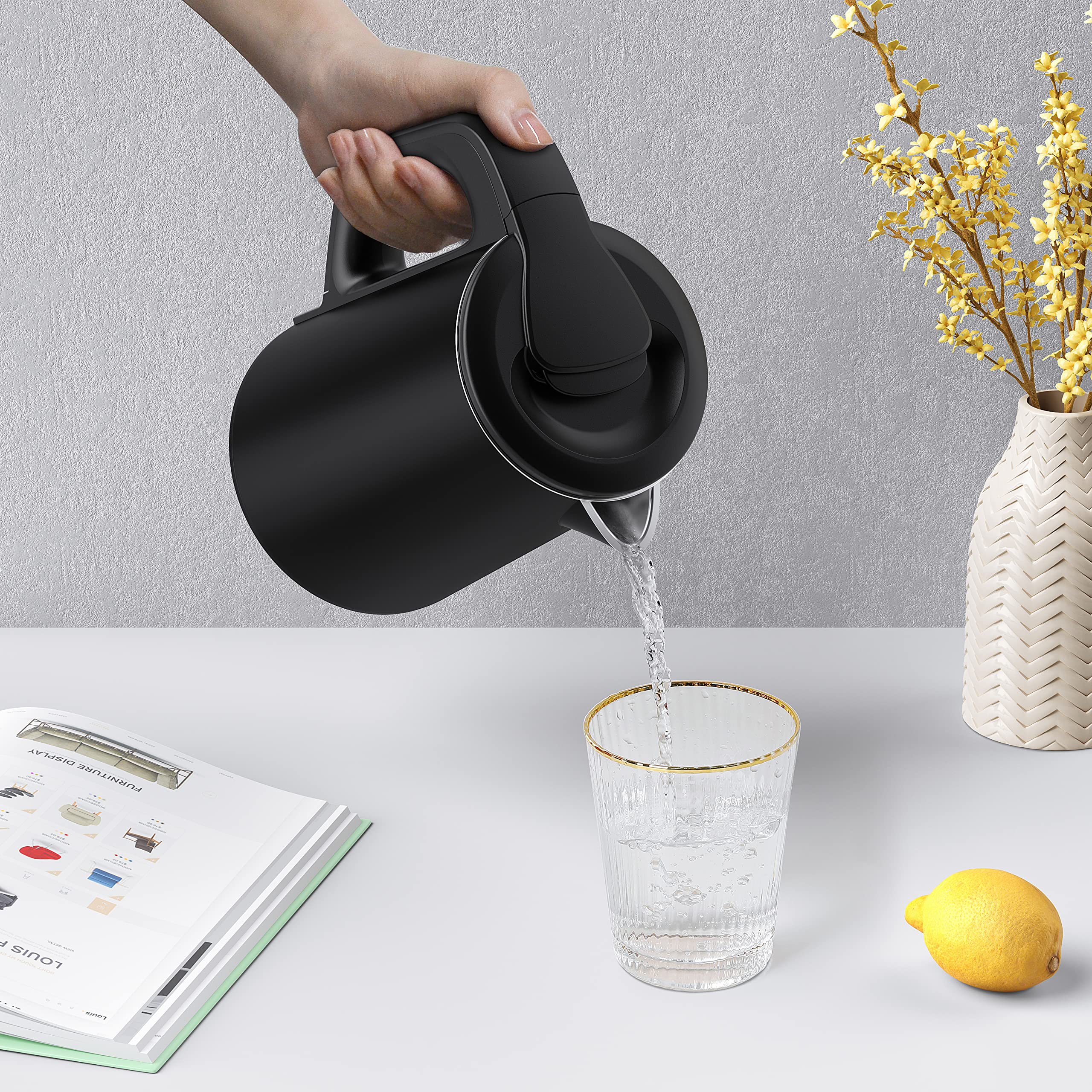 Portable Electric Kettle 27oz/0.8L - 304 Stainless Steel Travel Tea Kettle with Auto Shut-Off - Fast Boiling Mini Water Heater for Office, Dorm, Camping & Business Trips (Black)