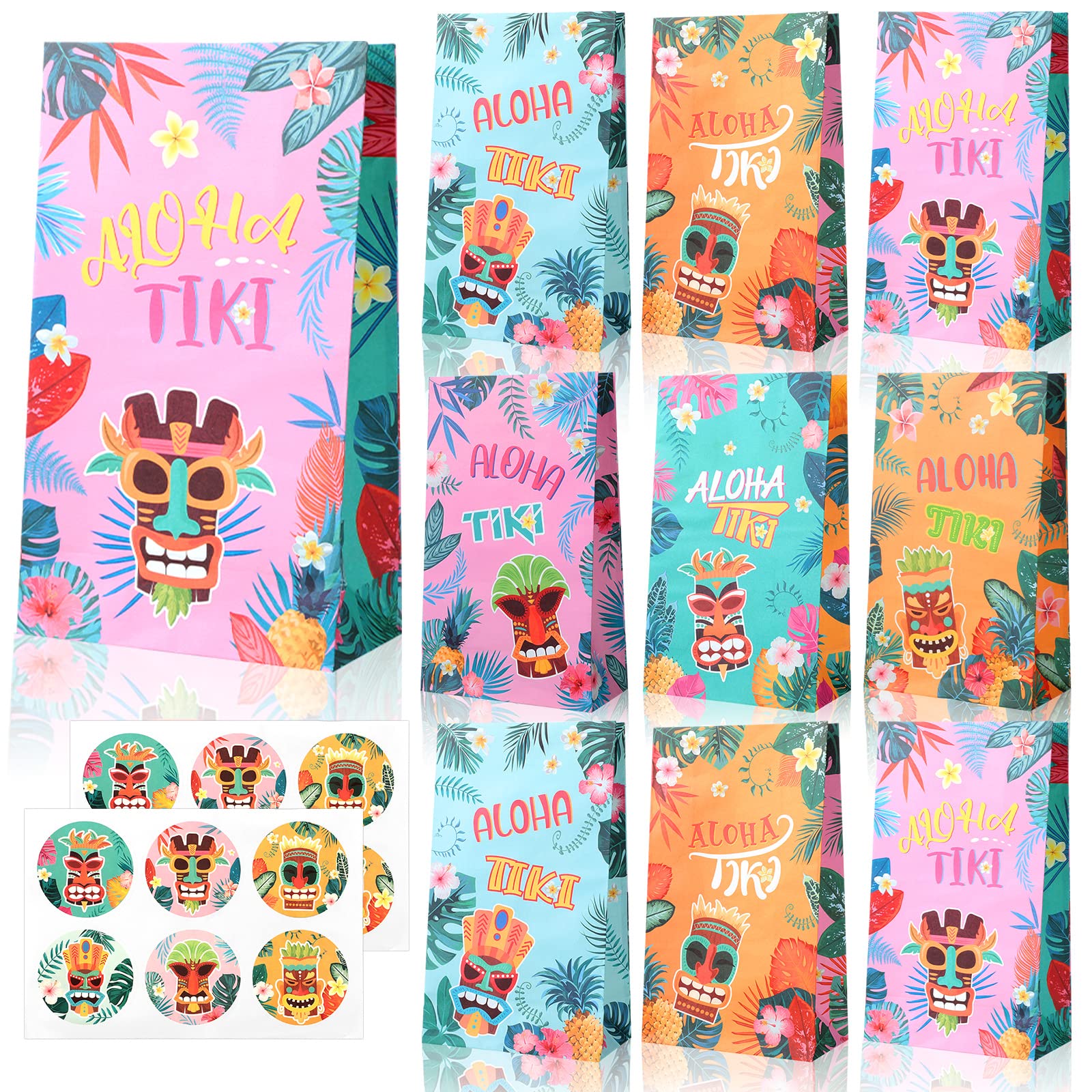 24-Piece Hawaiian Luau Party Favor Bags with Tiki & Pineapple Design - Tropical Themed Goodie Candy Bags with Stickers - Perfect for Birthday Parties, Baby Showers, Summer Pool Parties & Picnics