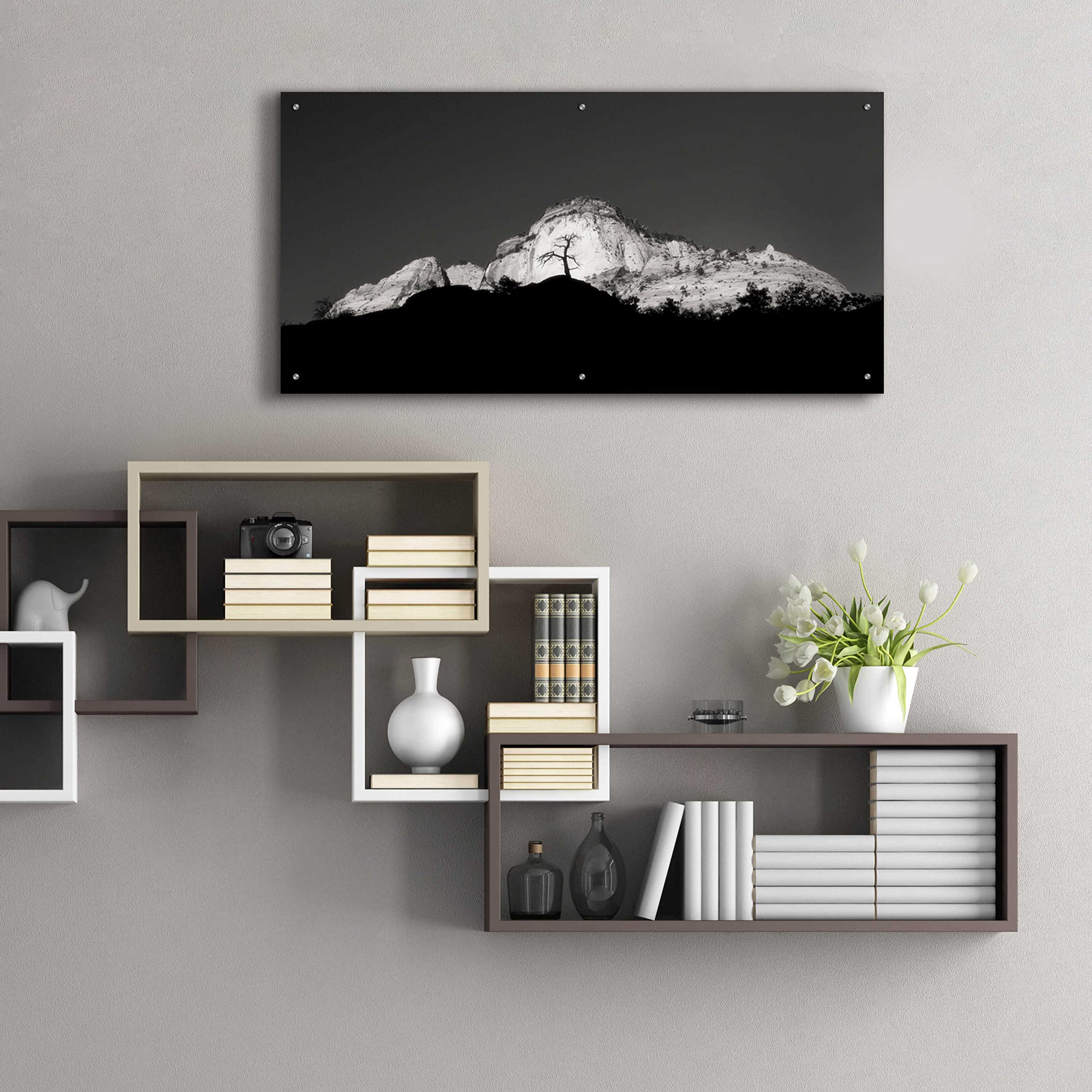 Zion Tree Silhouette Wall Art by Thomas Haney - 48x24 Inch Acrylic Glass Canvas Print - Modern Landscape Painting for Living Room, Bedroom & Office Decor