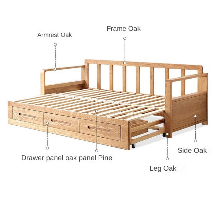 Oak Solid Wood Folding Storage Sofa Bed - Convertible Guest Bed & Space-Saving Furniture for Small Apartments, Living Rooms & Dorm Rooms