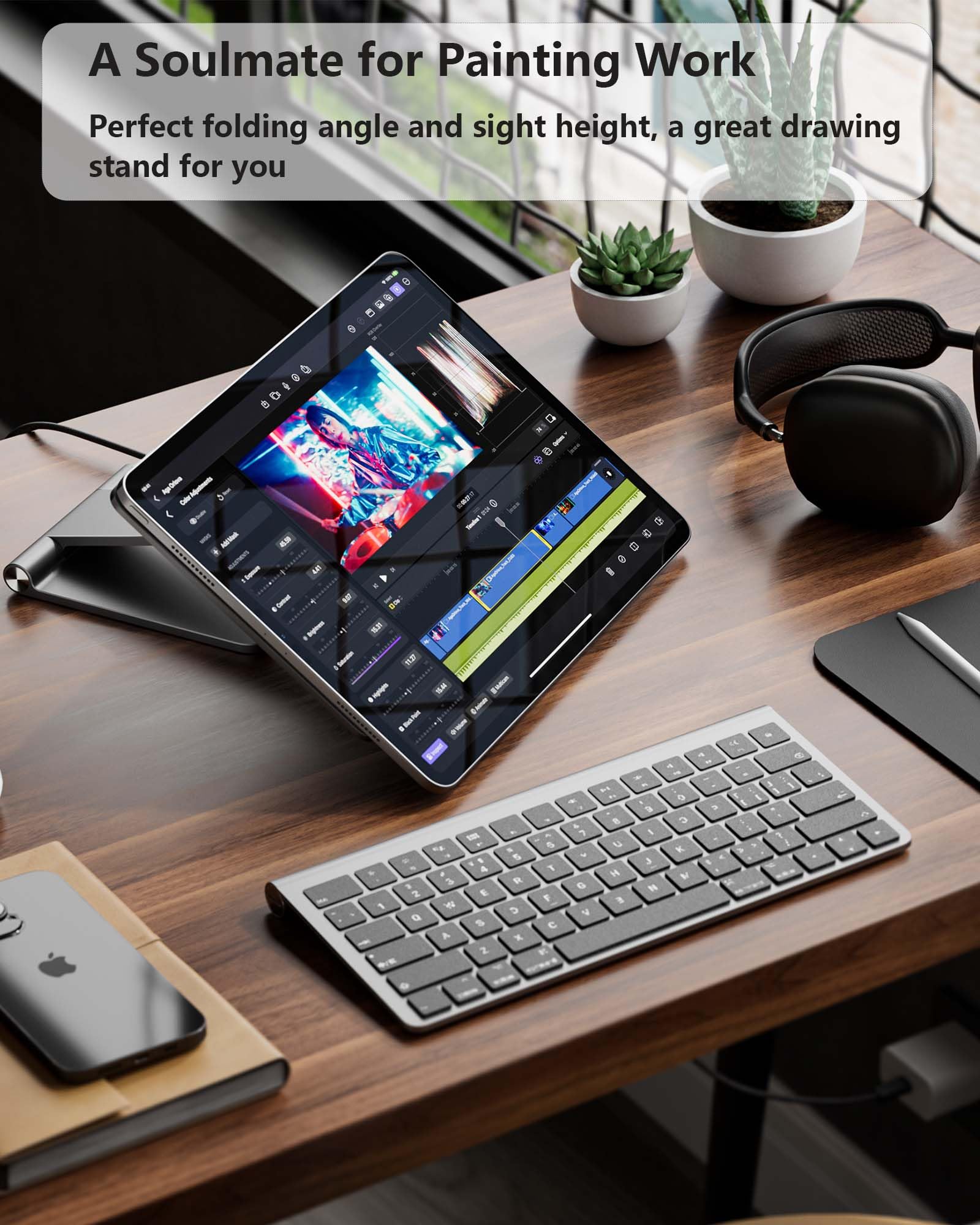 Magnetic Wireless Charging Stand for iPad Pro 11/Air 11 M2 - Foldable Aluminum Alloy Tablet Holder with 1M USB C Cable, 360° Adjustable Desk Stand for iPad Air 11 M2, iPad Pro 11 (1st/2nd/3rd/4th Gen), iPad Air 4/5 - Perfect for Home Office, Bedside & Travel Use