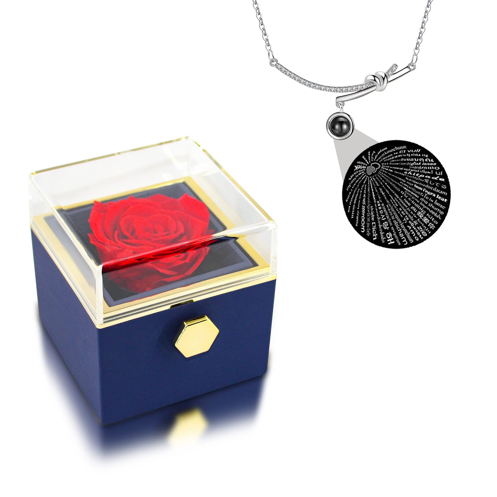 QUELIEN Preserved Real Red Rose with 'I Love You' Necklace in 100 Languages - Eternal Handmade Rose Flower Gift for Mom, Girlfriend, Wife, Grandma - Perfect Birthday, Anniversary, Valentine's Day & Mother's Day Present for Women
