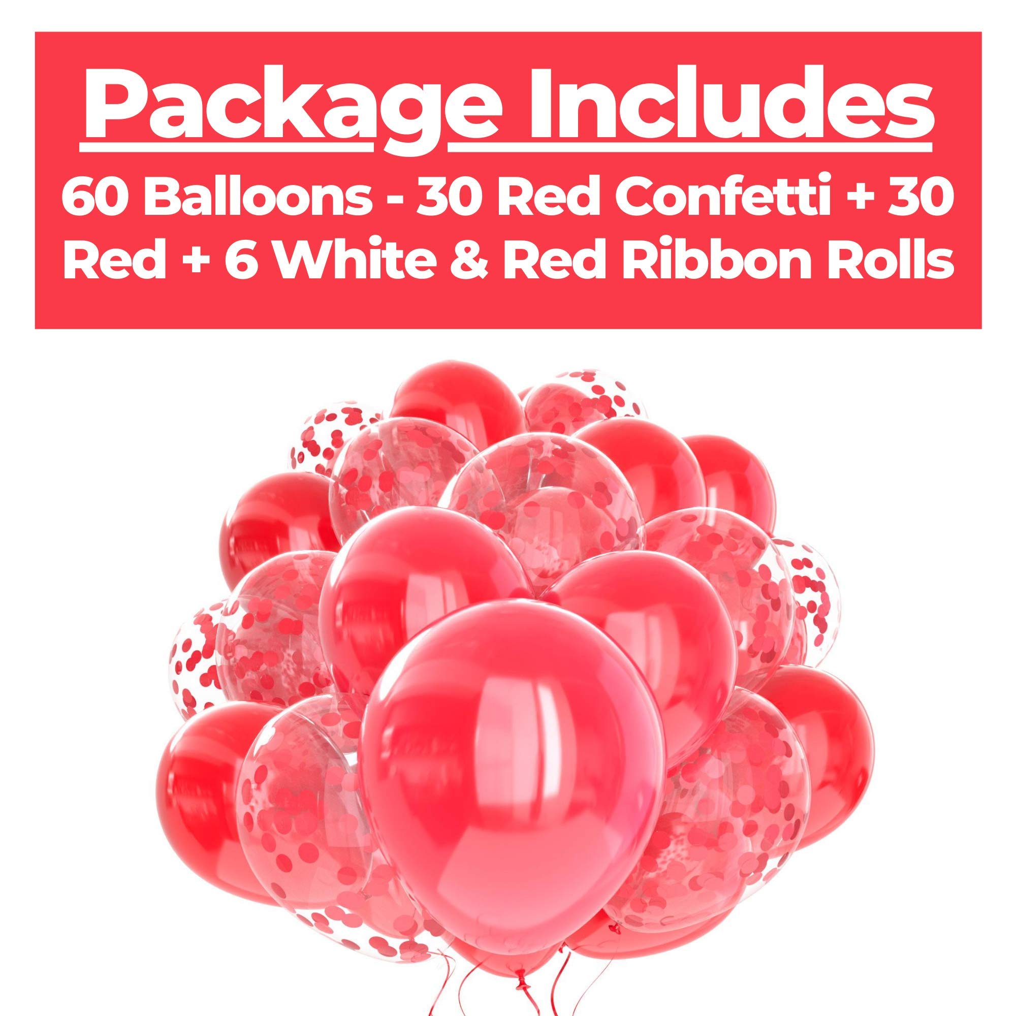 60 Pack Red Balloons with Confetti & Ribbons - Premium Party Balloons for Birthday Decorations, Wedding, Baby Shower & Holiday Celebrations - Helium Ready Red Confetti Balloons for Indoor/Outdoor Events
