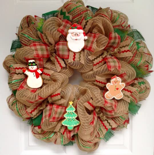 Handmade Gingerbread Cookies Christmas Wreath - Festive Deco Mesh Holiday Decor for Door, Wall, and Fireplace Mantel