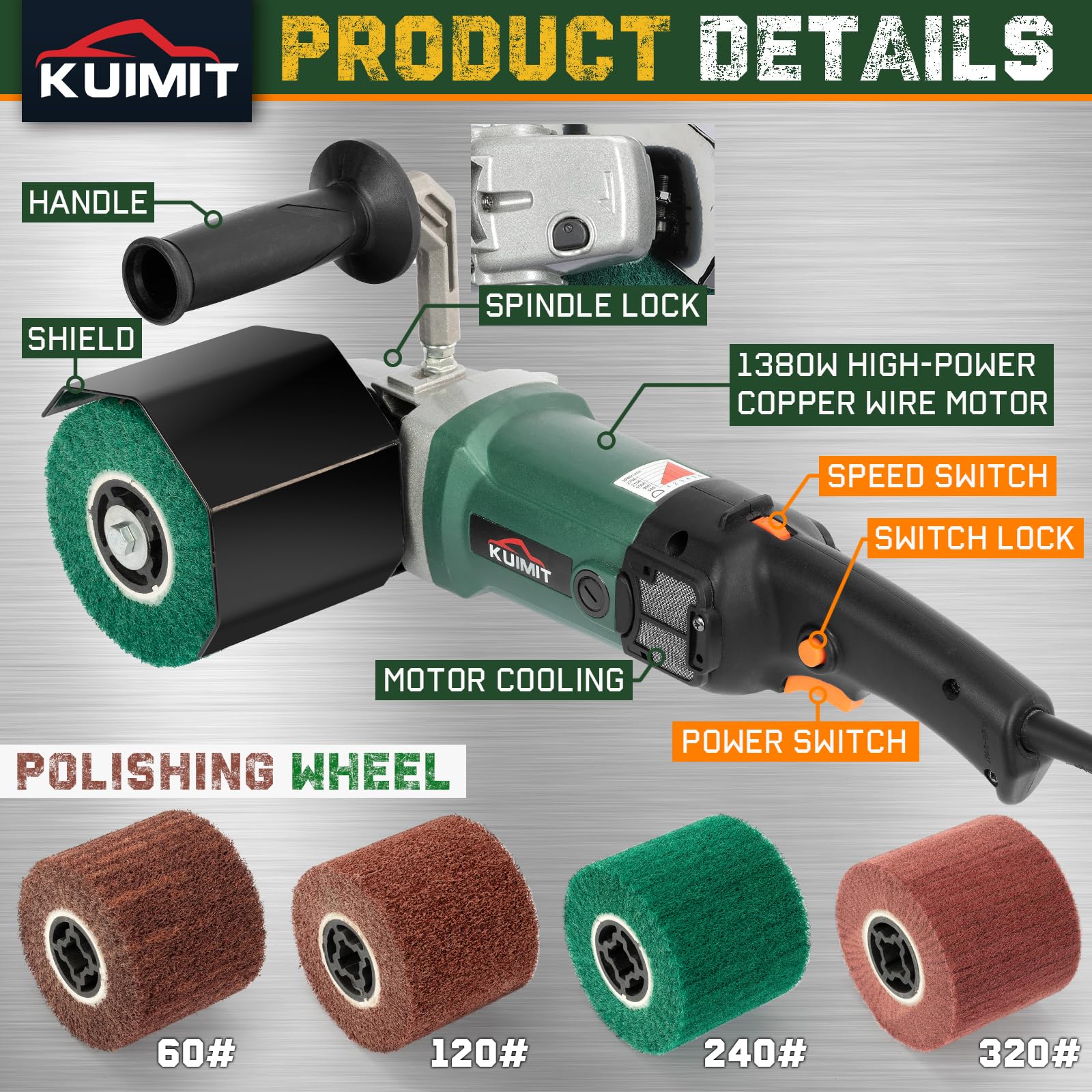 Electric Handheld Metal Burnishing Machine & Wood Polisher - Professional Stainless Steel Sander with Lock Switch & Auxiliary Handle for DIY, Metalworking, Woodworking & Automotive Polishing Projects