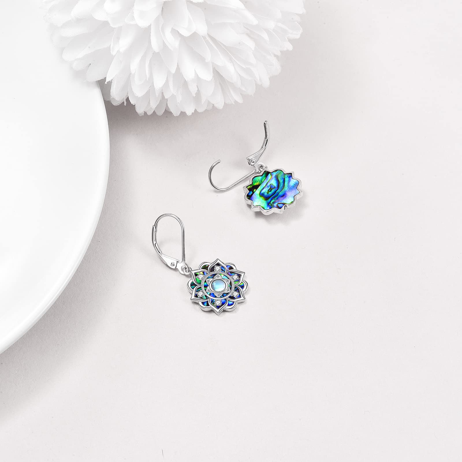 Moonstone Lotus Earrings - Sterling Silver Abalone Shell Lotus Flower Dangle Drop Earrings for Women | Yoga Jewelry, Mother's Day Gift for Mom | Perfect for Meditation, Boho Fashion & Special Occasions