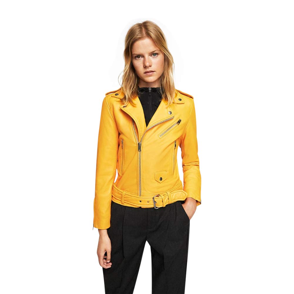 Genuine Lambskin Leather Jacket for Women - Yellow Cafe Racer Biker Style | Available in All Sizes by The Bombay Leather Co | Perfect for Motorcycle Riding, Casual Outings & Fashion Statements