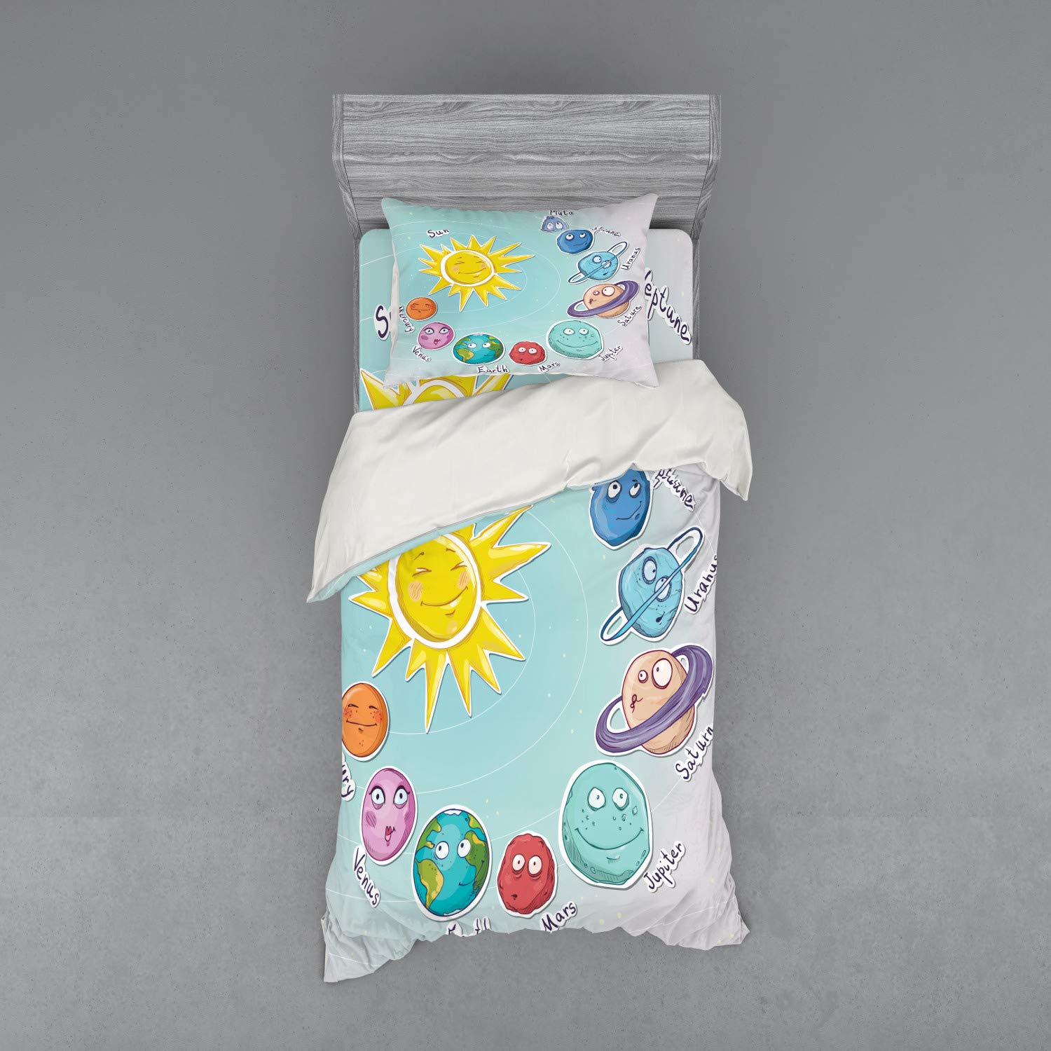 Ambesonne Space Themed Bedding Set - 3 Piece Twin XL Duvet Cover with Sham & Fitted Sheet, Cartoon Solar System Planets & Celestial Chart Design, Multicolor - Perfect for Kids' Room, Astronomy Lovers & Space-Themed Decor
