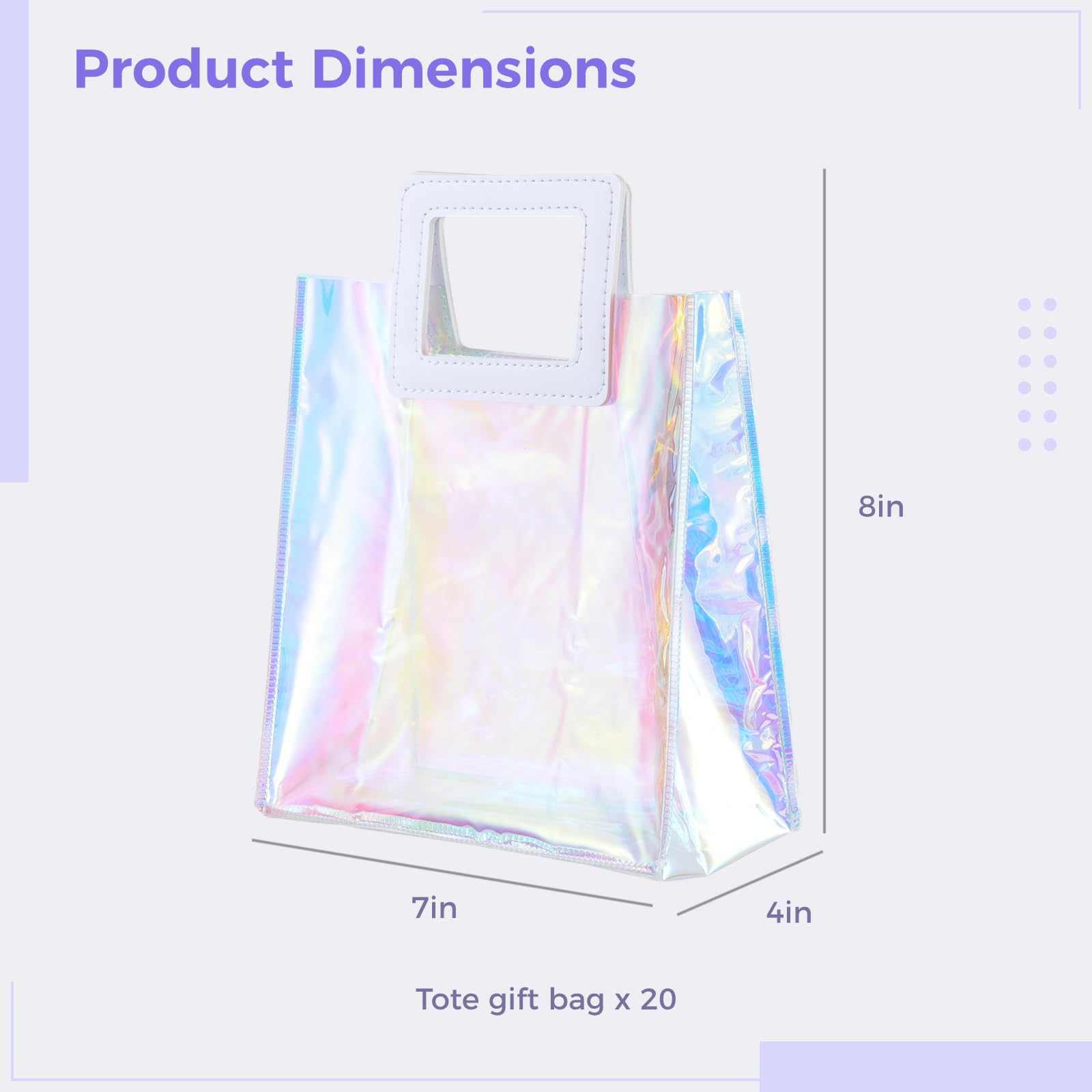 20 Pcs Holographic Tote Bags - 7''x4''x8'' Clear PVC Reusable Bags with Handles, Iridescent Gift Bags for Women & Girls, Perfect for Wedding, Party, Shopping & Everyday Use