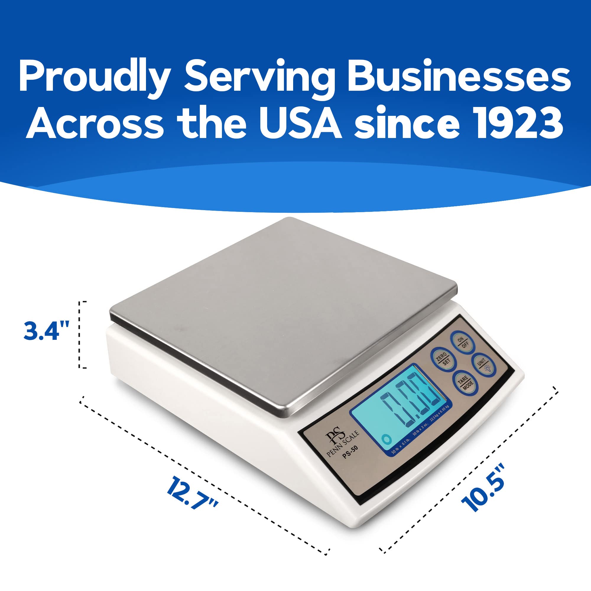 Penn PS-50 Digital Kitchen Scale 50lb Capacity with 0.1lb Precision - Removable Stainless Steel Platter, LCD Display & Unit Conversion (lb/oz/kg) - Perfect for Baking, Meal Prep & Portion Control (AC/Battery Powered)