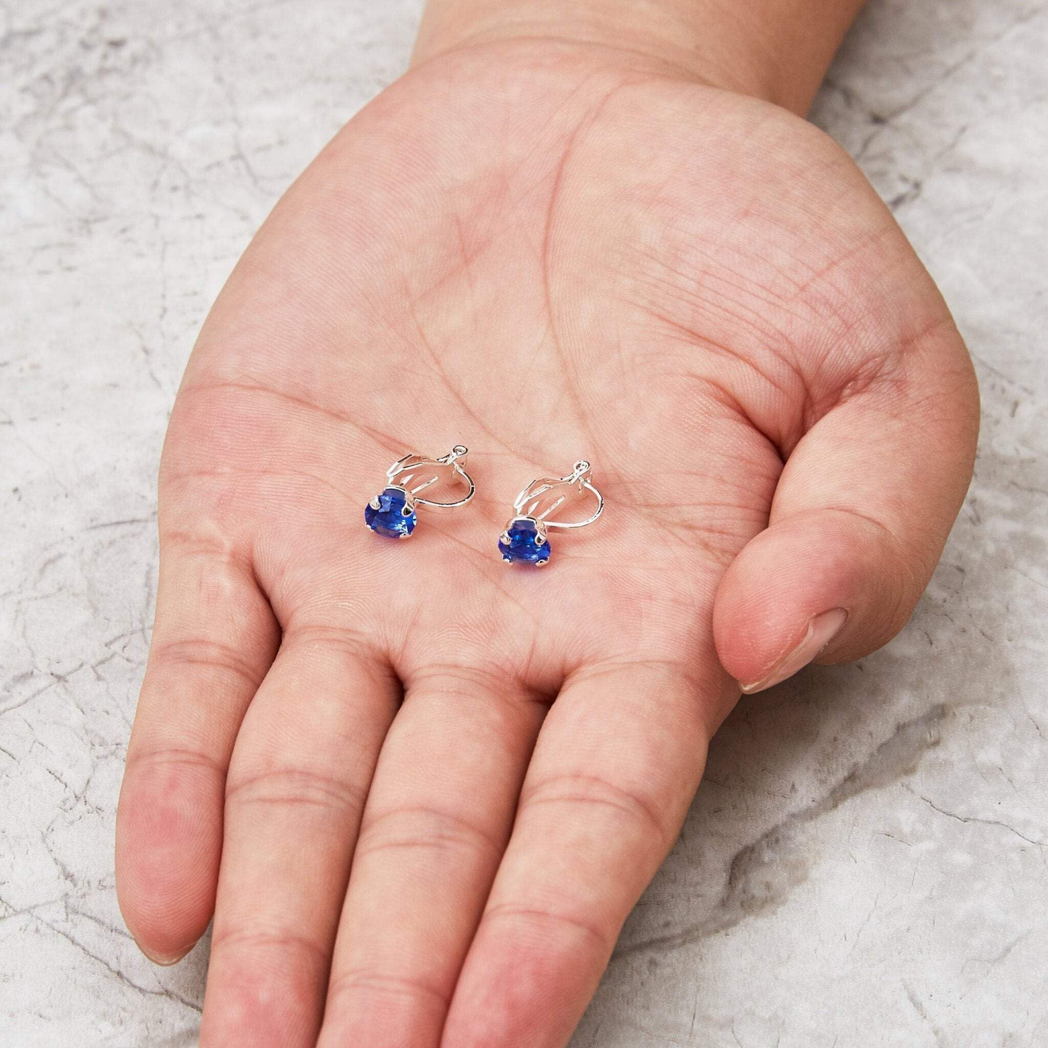 Zirconia Clip-On Earrings for Sensitive Ears - Dark Blue Crystal
