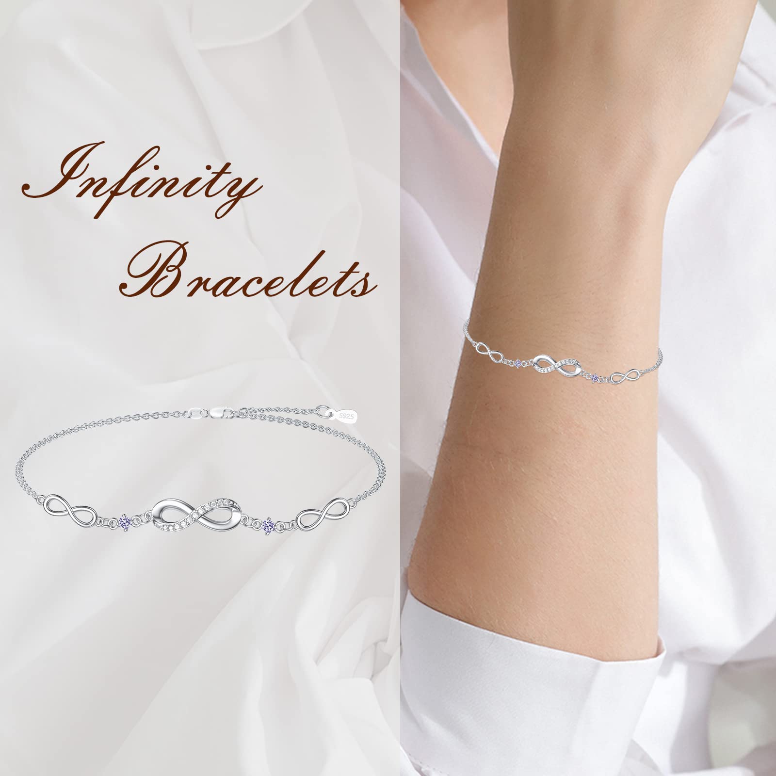 Infinity Bracelet for Women - 925 Sterling Silver Adjustable Birthstone Charm Link Bracelet - Christmas, Birthday, Anniversary Gift for Wife, Mom, Her - Perfect for Everyday Wear & Special Occasions