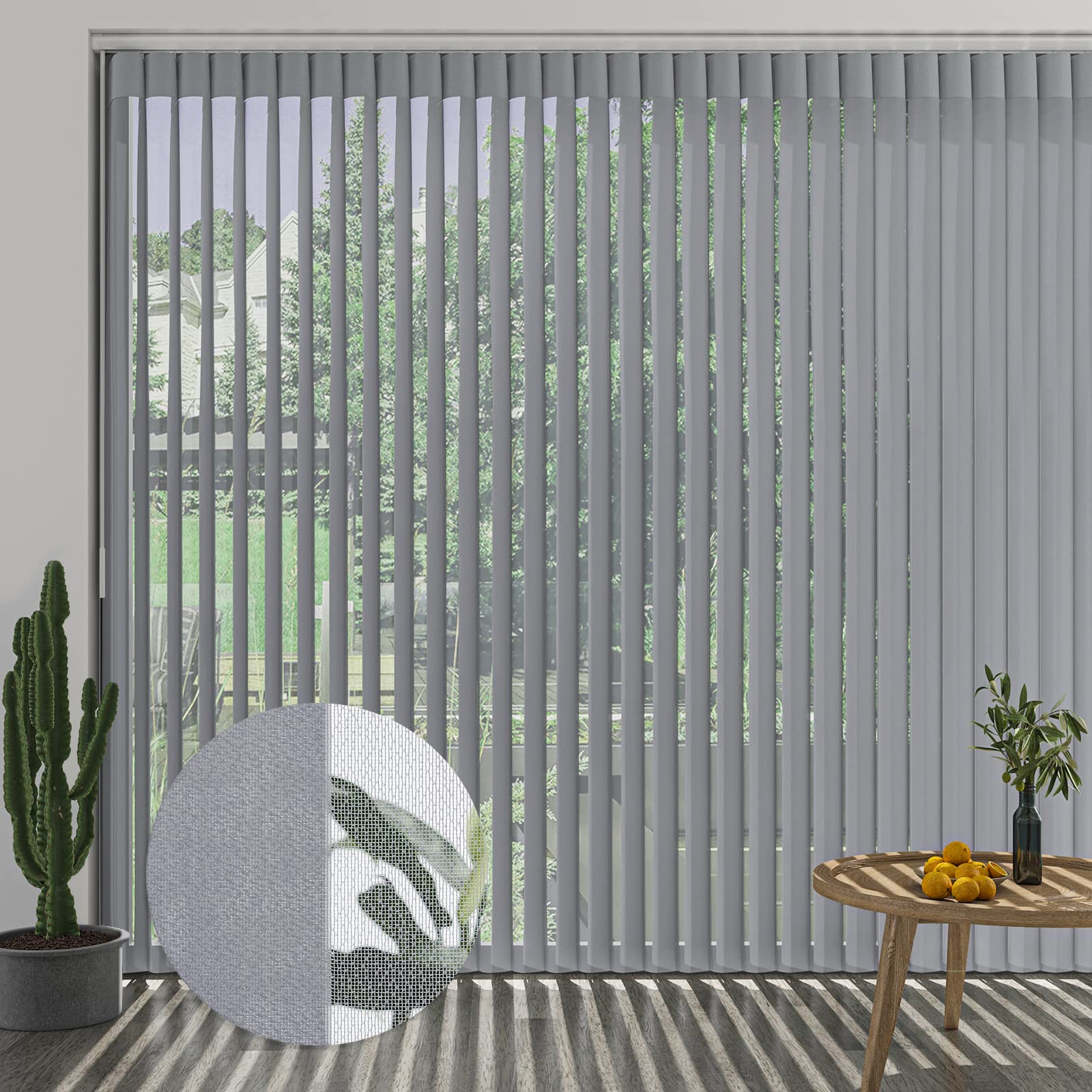 MiLin Cordless Wand Control Adjustable Light Filtering Vertical Blinds for Sliding Glass Doors & Large Windows - Custom Size Sheer Fabric Shades in Gray | Perfect for Living Rooms, Bedrooms & Office Spaces