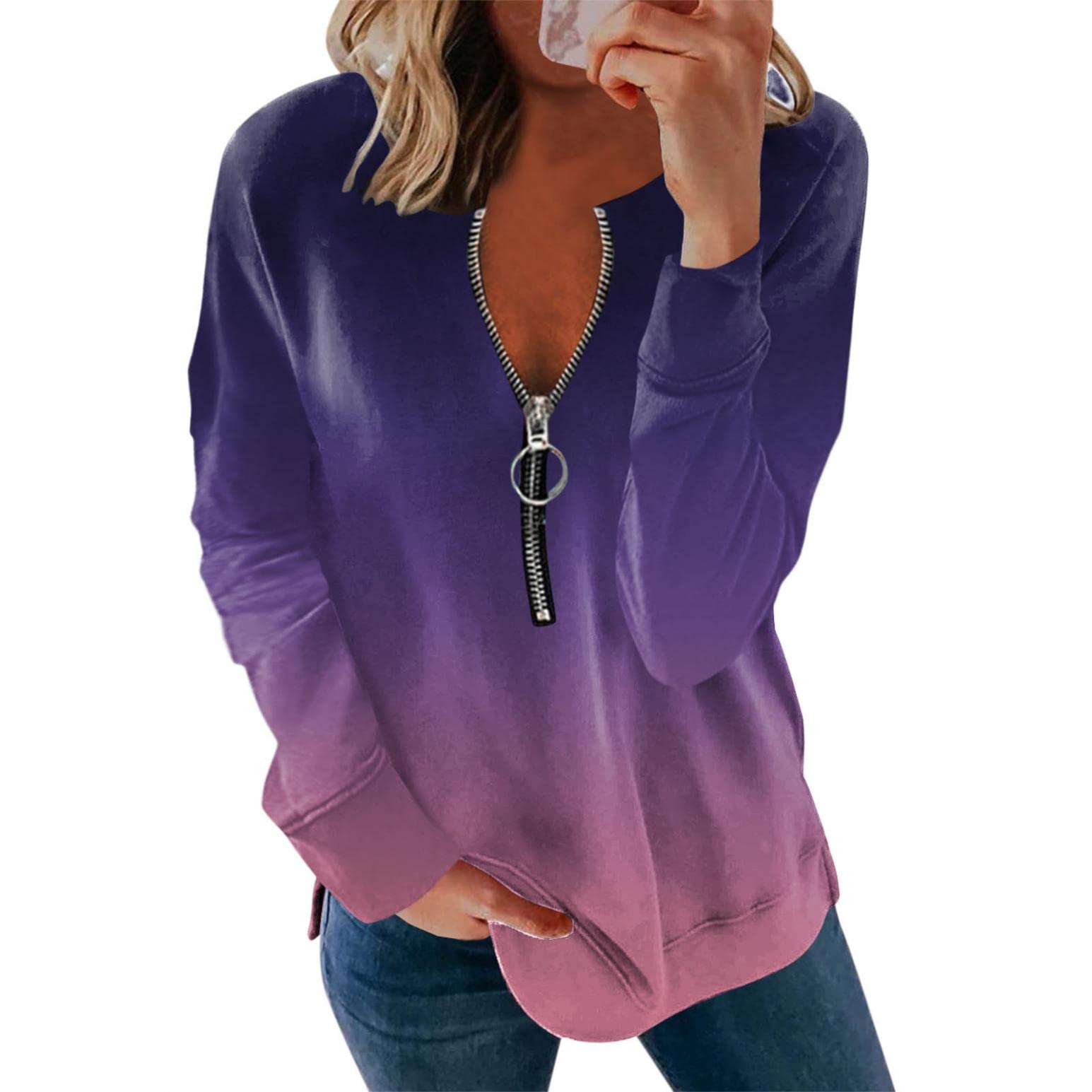 Women's Long Sleeve Graphic Zipper Sweatshirt - Trendy Fall Slim Fit Comfy Top for Casual Wear & Layering | Cute Pullover Shirt for Daily Outfits, Work & Weekend