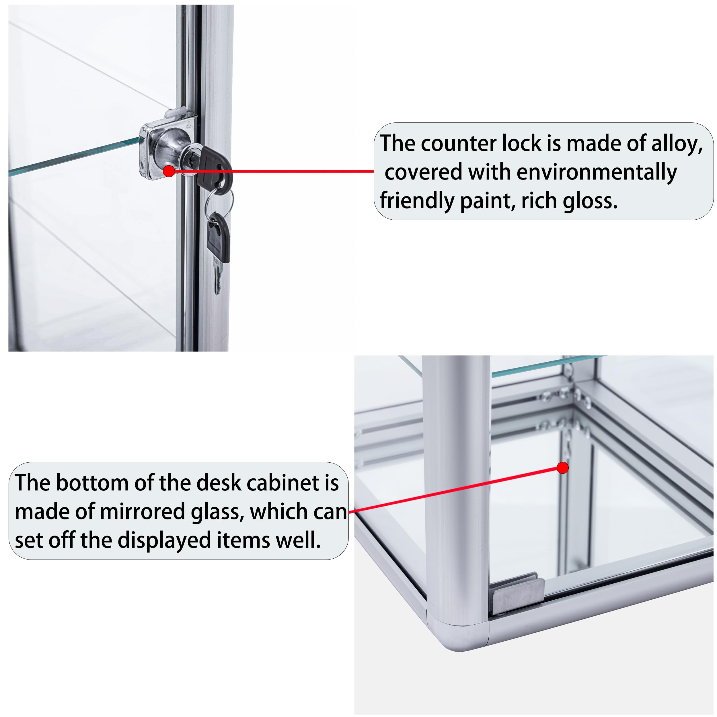 4-Tier Tempered Glass Display Case with Sliding Door & Lock - Silver Aluminum Frame Countertop Showcase (12