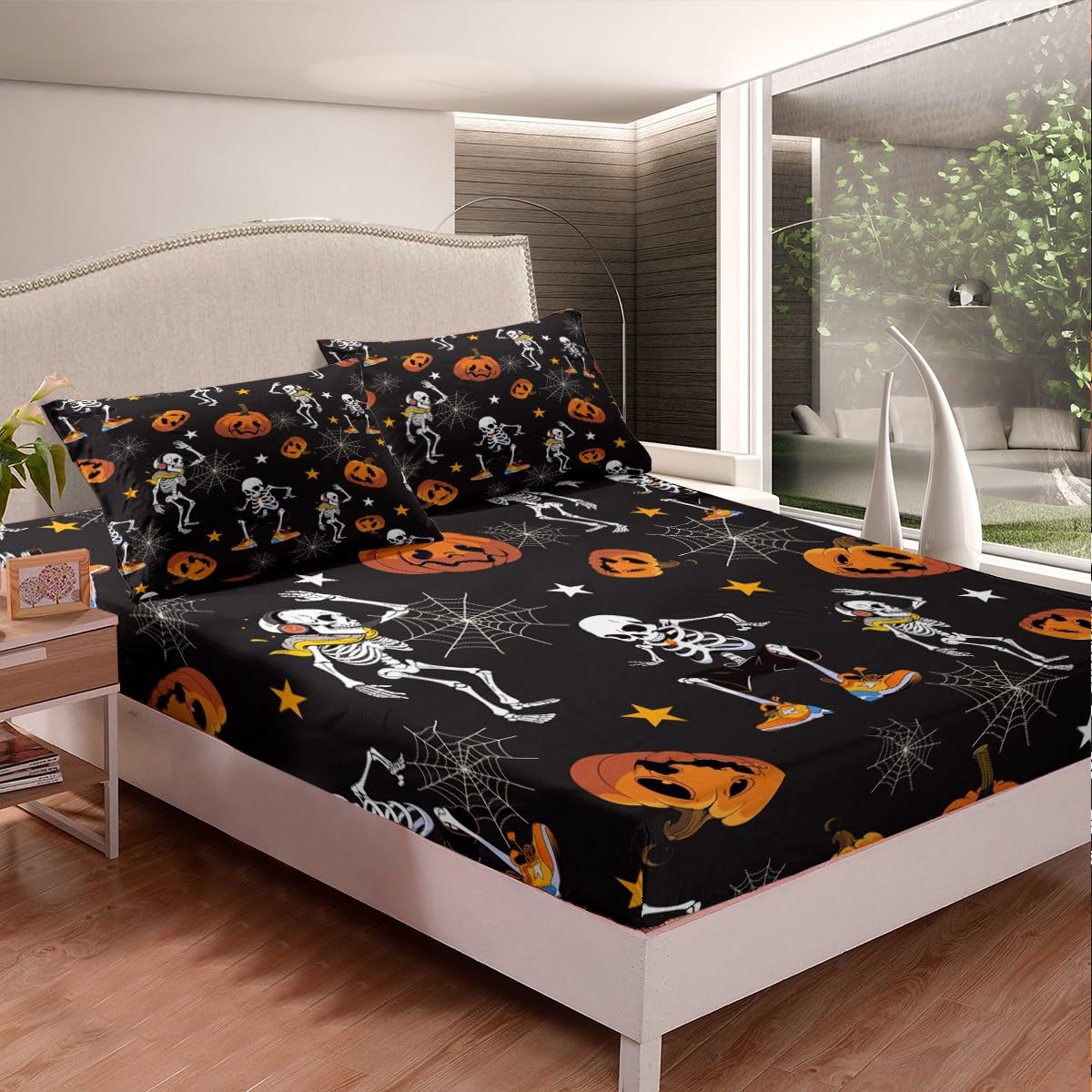 **Gothic Skull Bed Sheet Set Full Size - Halloween Skeleton Bedding for Boys, Teens & Men - Black Pumpkin, Spider Web & Stars Design - Fitted Sheet, Flat Sheet & 2 Pillowcases - Perfect for Spooky Bedroom Decor & Halloween Party Themes**