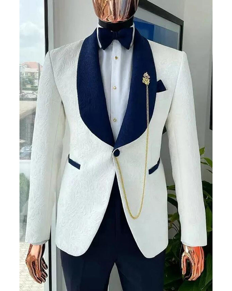Elegant Ivory Wedding Blazer Suit for Groom - Jacquard Pattern Men's Tuxedo 2-Piece Set CB23641 | Perfect for Formal Weddings, Proms & Special Occasions