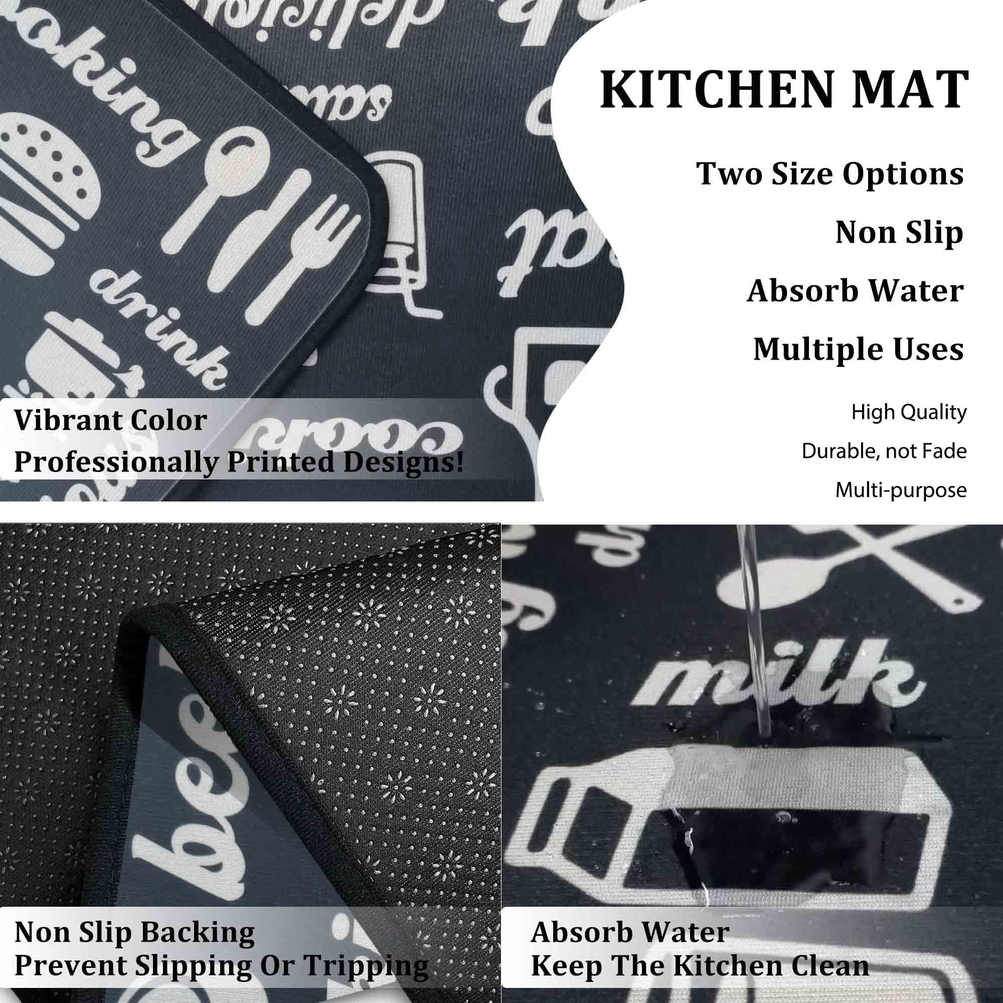 Black Kitchen Rugs Set of 2 - Non-Slip Washable Kitchen Floor Mats & Doormat Runner Rug - 17