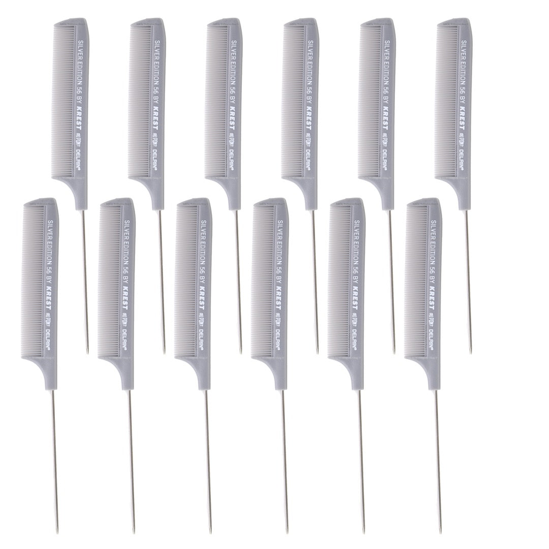 Krest Silver Edition #56 - 8.5 Inch Professional Pin Tail Rattail Comb for Hair Styling (Pack of 12) - Perfect for Salons, Home Use, and Travel Hair Care