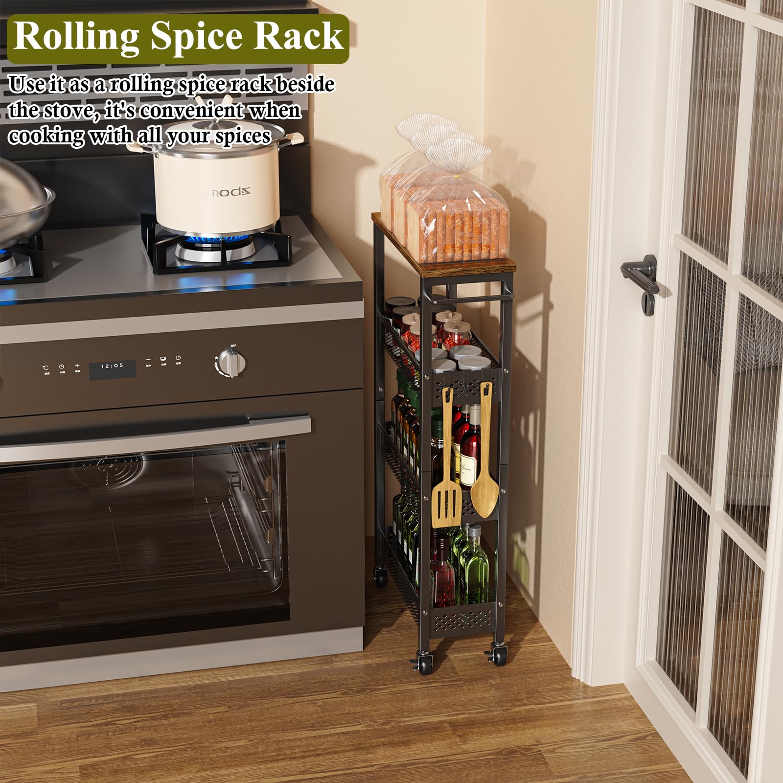 4-Tier Slim Rolling Storage Cart with Wood Top - Narrow Space Utility Organizer for Kitchen, Bathroom & Laundry Room - Mobile Shelf Unit with Handle for Easy Transport - Perfect for Small Spaces & Closet Organization