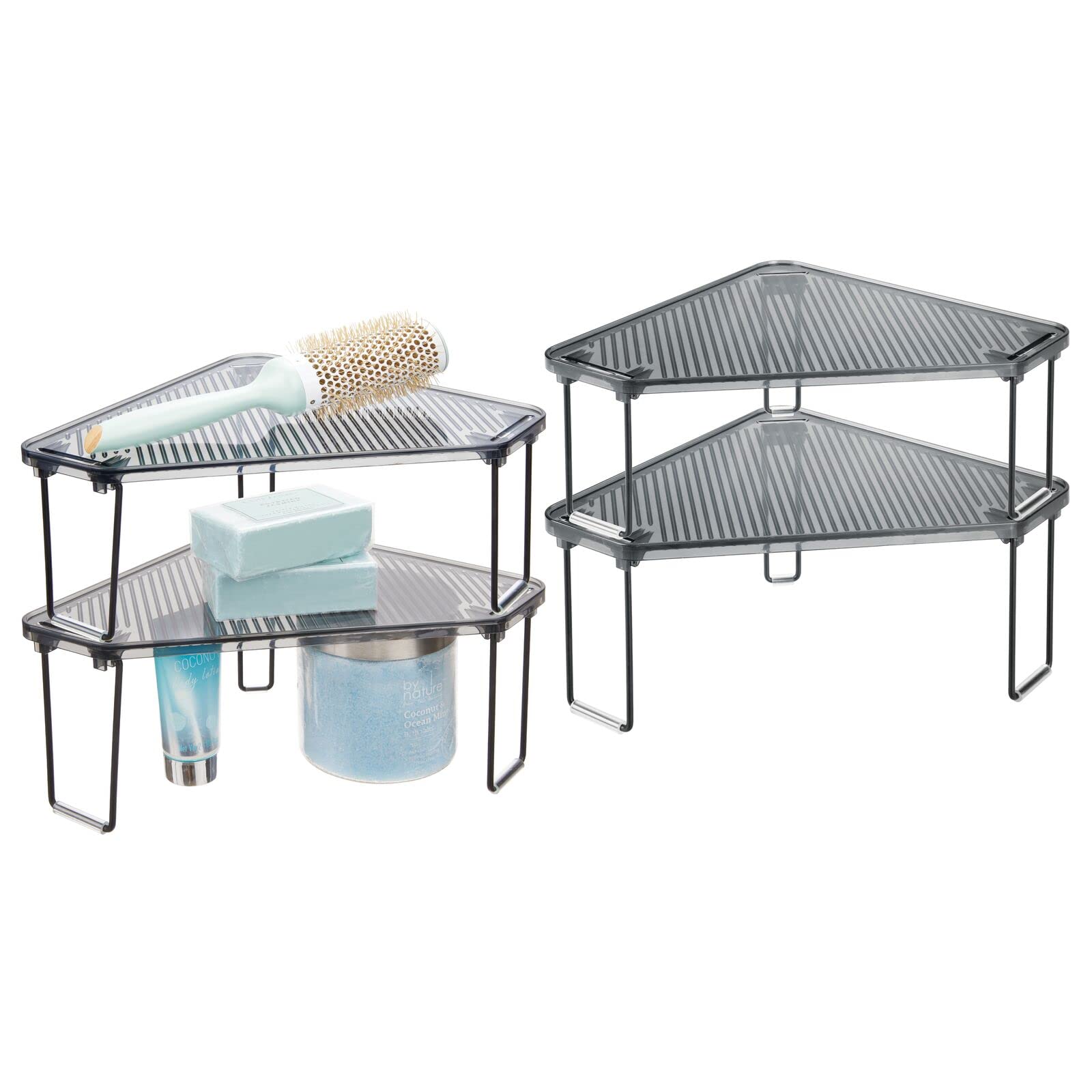 mDesign Plastic/Steel Corner Stackable Rack - 4 Pack Black/Smoke Gray Bathroom Organizer Shelf for Vanity, Countertop, Sink & Cabinet Storage | Holds Makeup, Shower Accessories | Perfect for Small Space Organization in Bath, Kitchen & Laundry Rooms