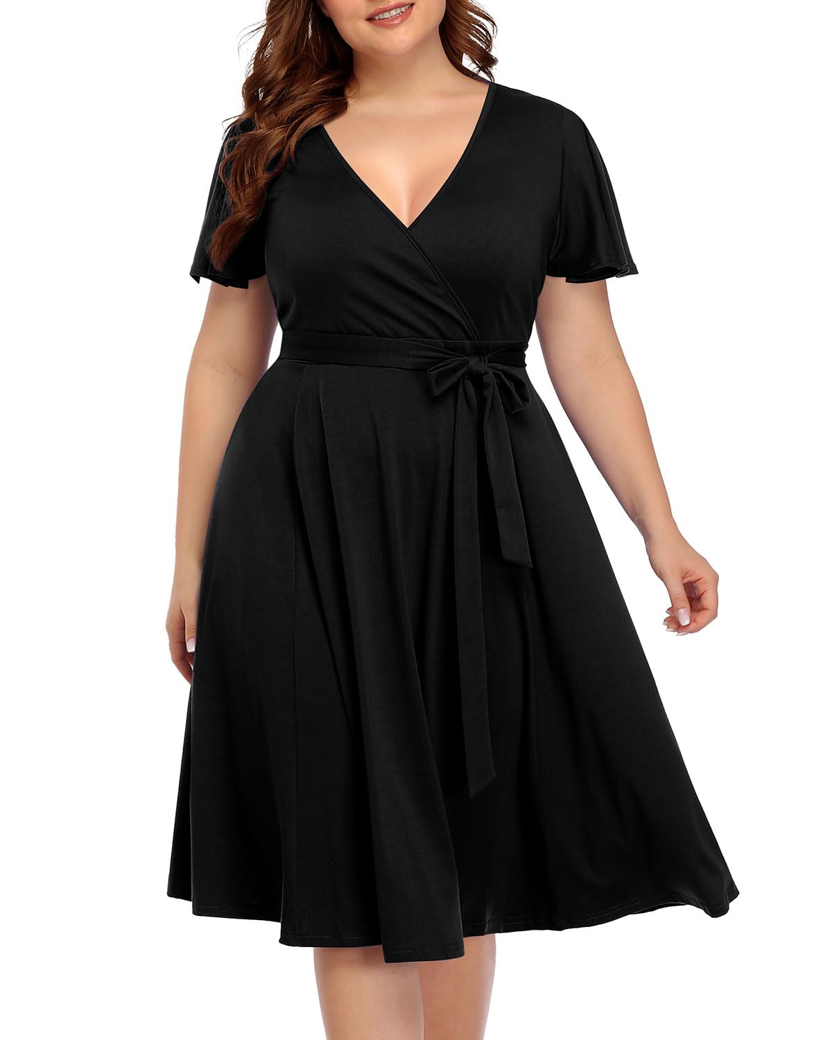Plus Size Women's Pinup Fashion Wrap Dress - Semi Formal Cocktail Midi Dress with Empire Waist for Wedding Guest & Special Occasions | Flattering Fit for Curvy Figures