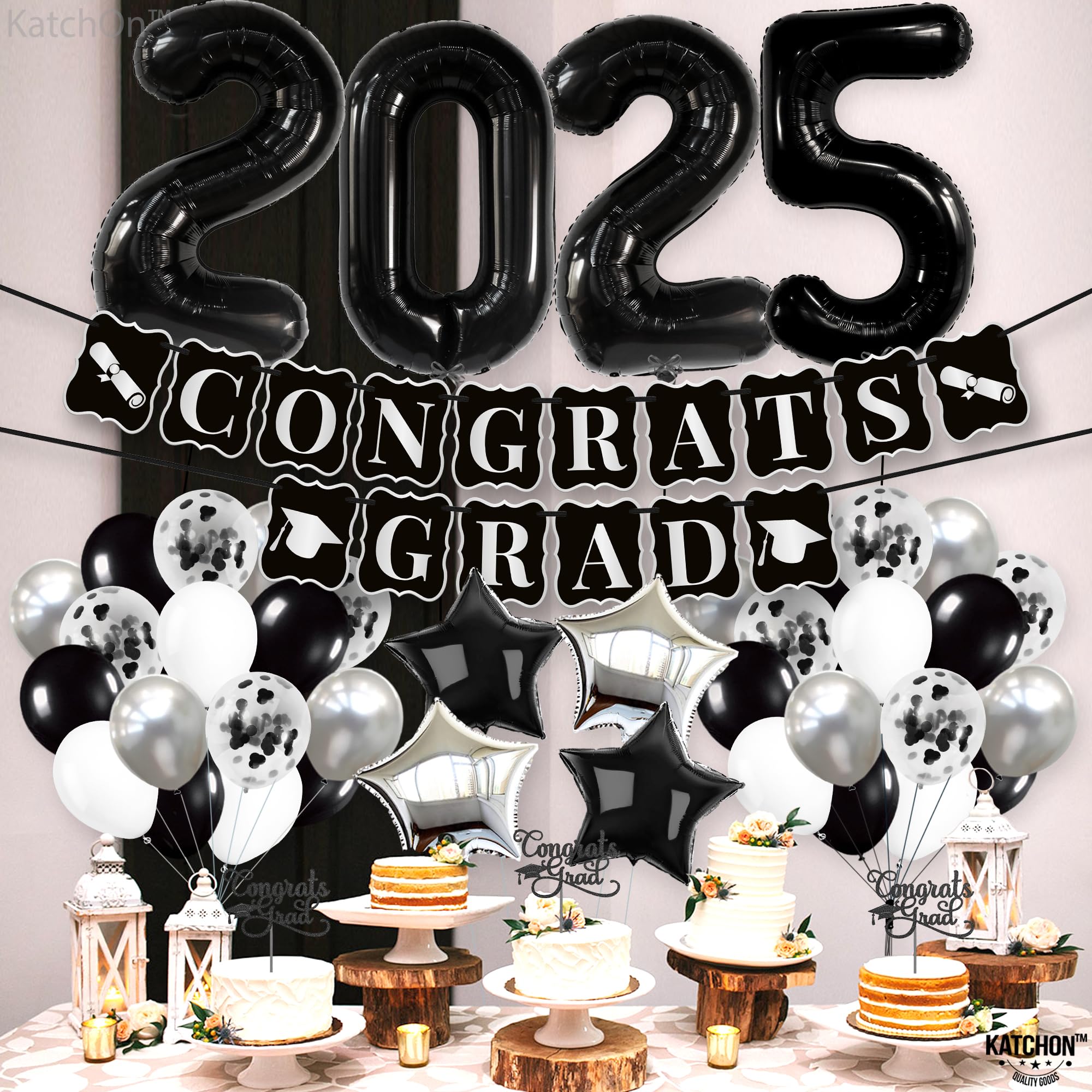 2025 Graduation Party Decorations Set - 43-Piece Black & Silver Balloons, Congrats Grad Banner | Elegant Black & White Graduation Theme | Perfect for High School & College Graduation Ceremonies, Parties & Photo Backdrops