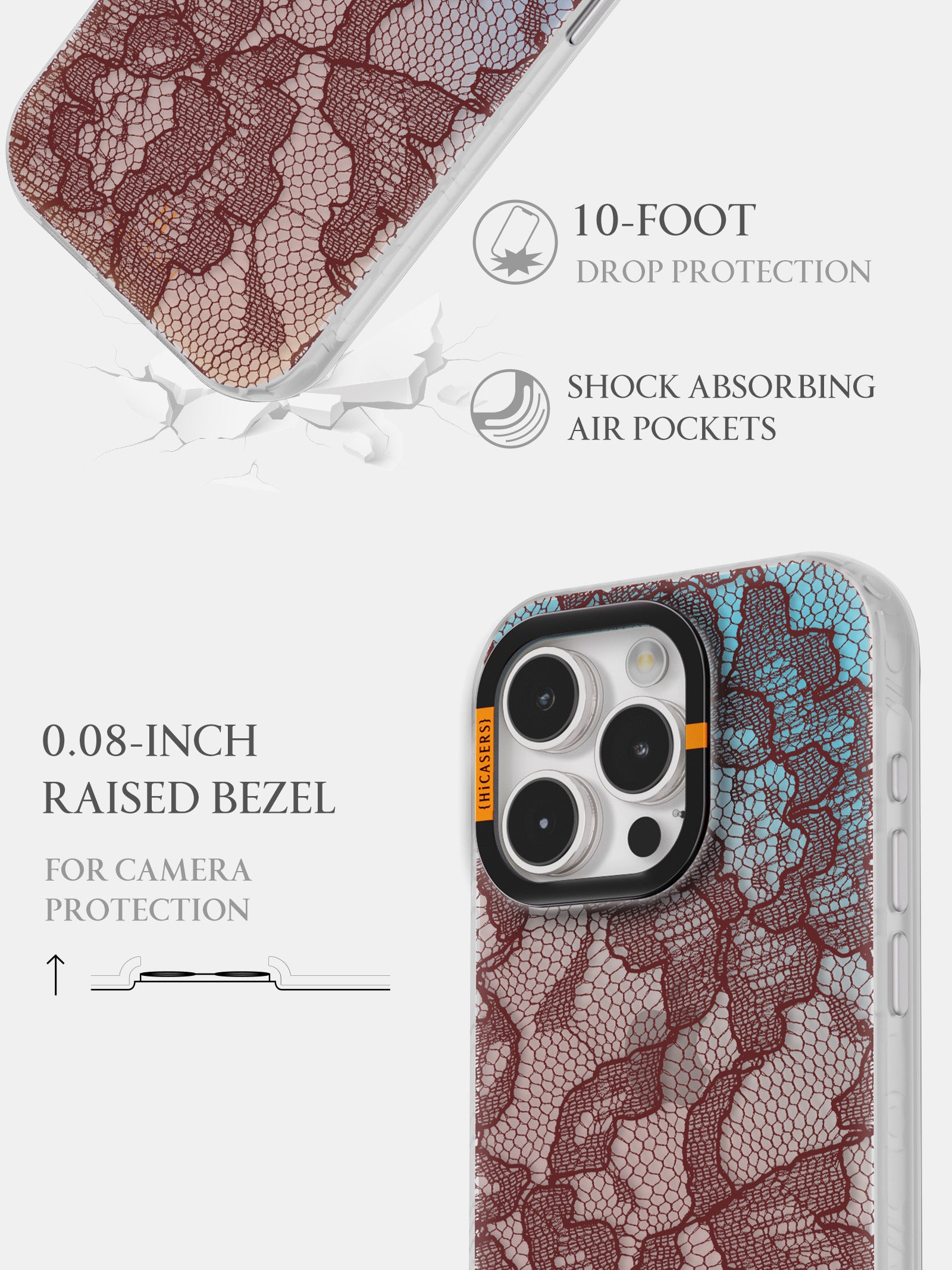 Floral Lace Pattern Iridescent Phone Case for iPhone & Samsung - Dark Maroon Elegant Design for Women, Perfect Gift for Valentine's Day & Special Occasions