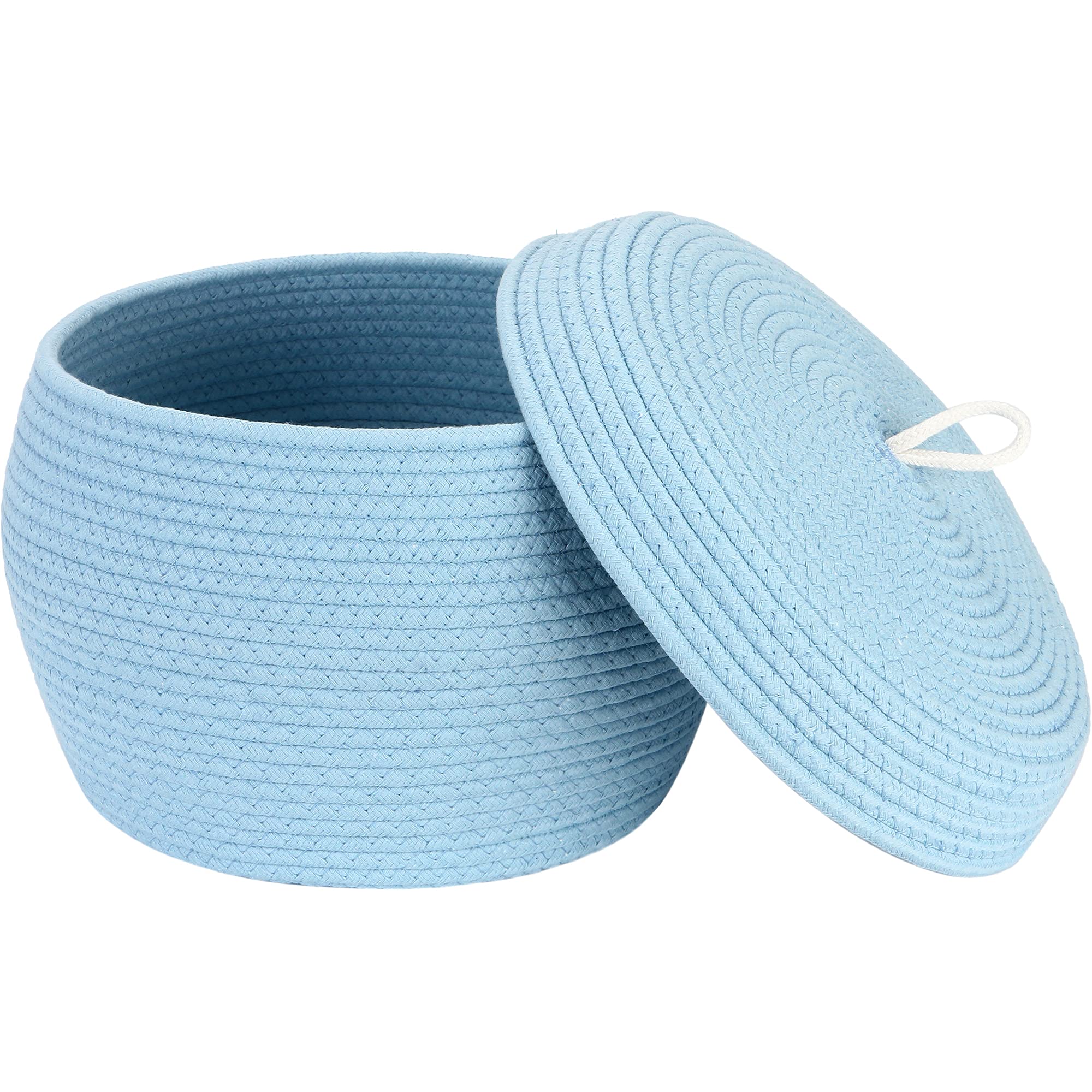 Sea Team Round Cotton Rope Storage Basket with Lid - Decorative Woven Organizer Bin for Home, Nursery & Office - Perfect for Snacks, Towels, Plants & Toys - 13 x 9 Inches Large Blue Storage Container